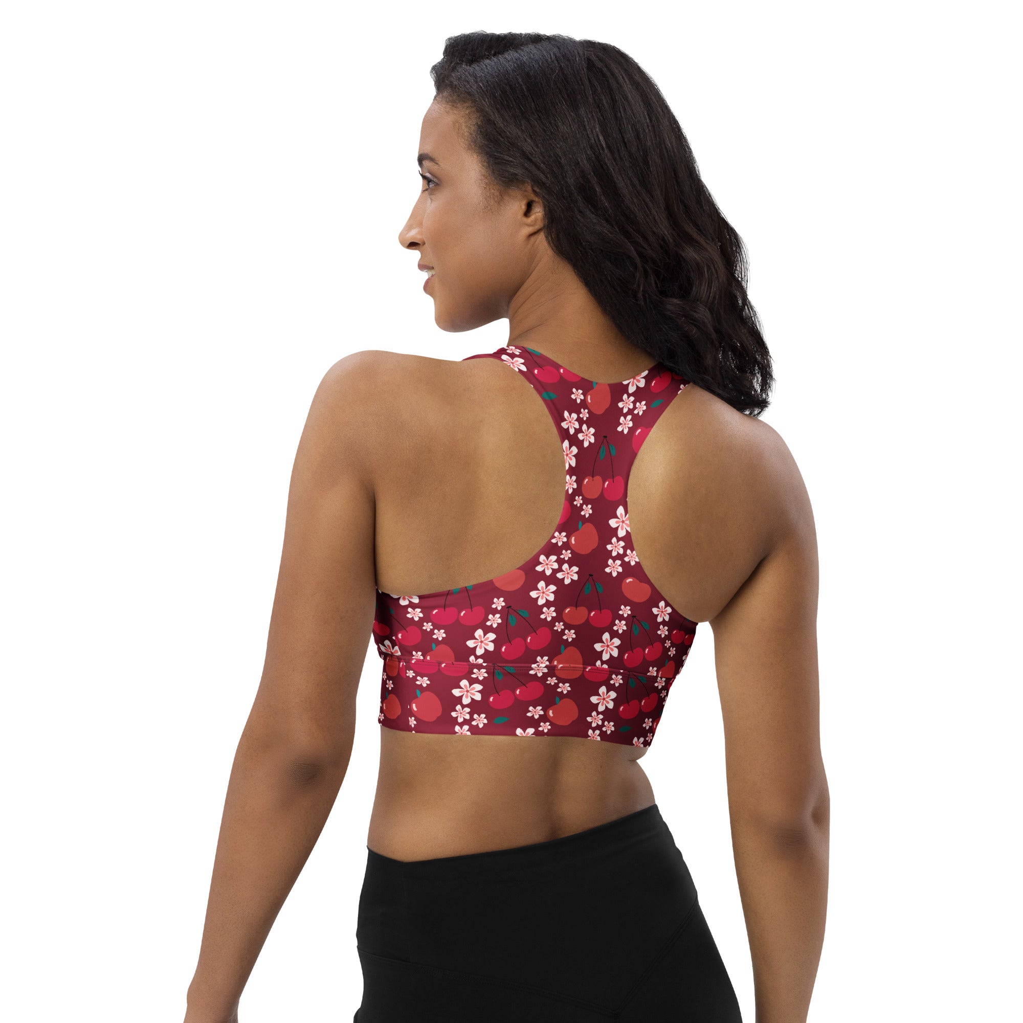 Maroon deep cherry blossom sports bra with pink white green pattern high intensity support quick dry upf 50 plus