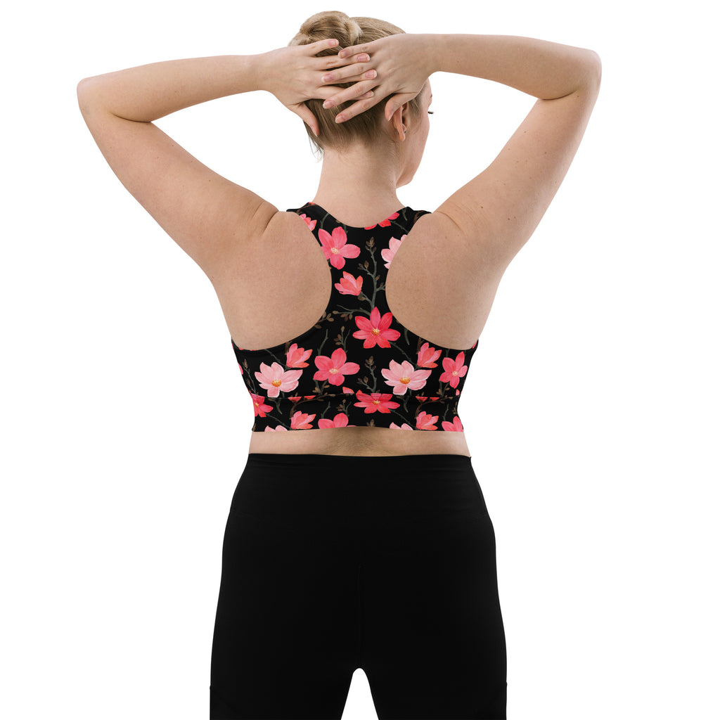 Women’s midnight floral longline sports bra in black with pink floral pattern buttery soft recycled fabric high support