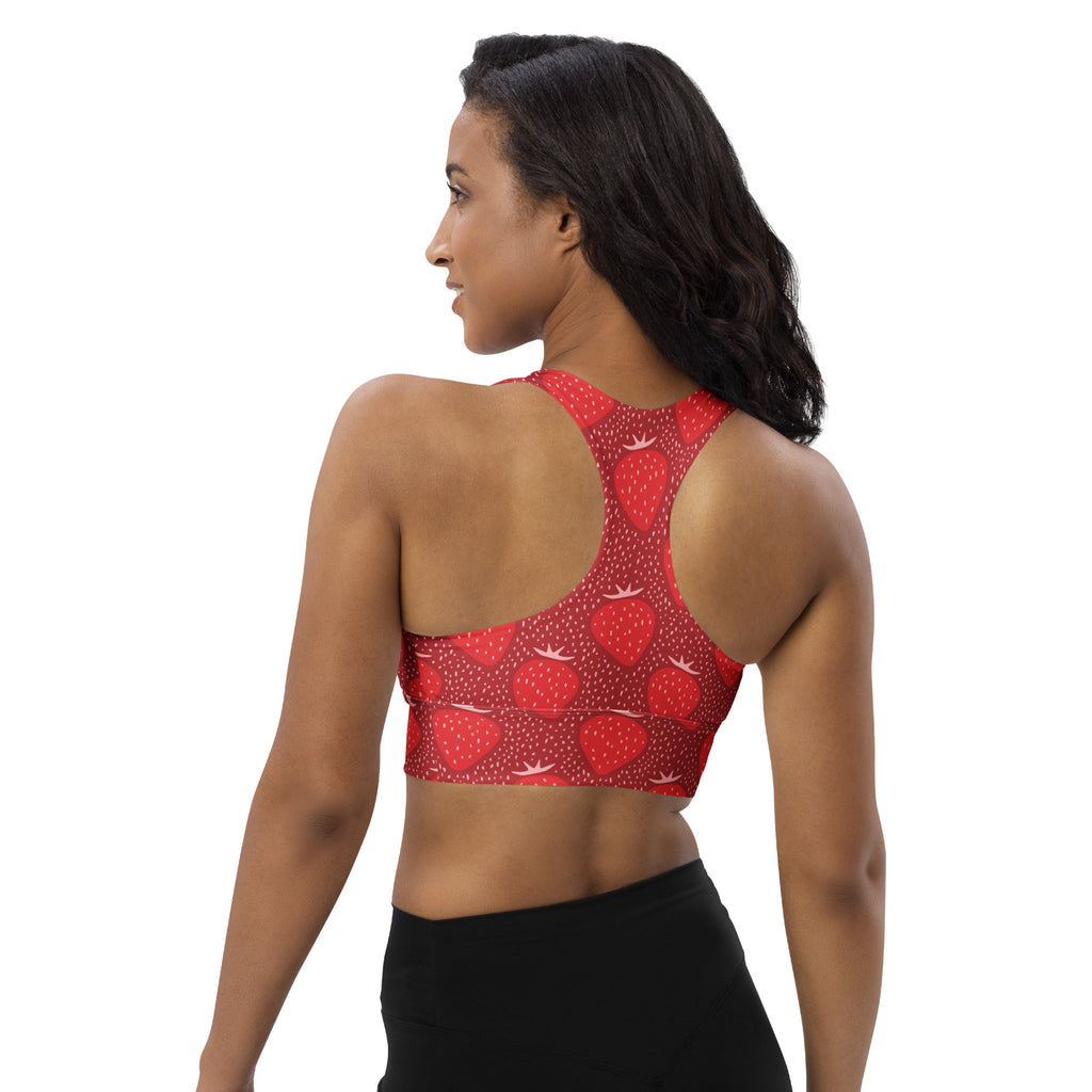 Women’s red strawberry print longline sports bra with white dotted accents buttery soft recycled fabric high intensity support