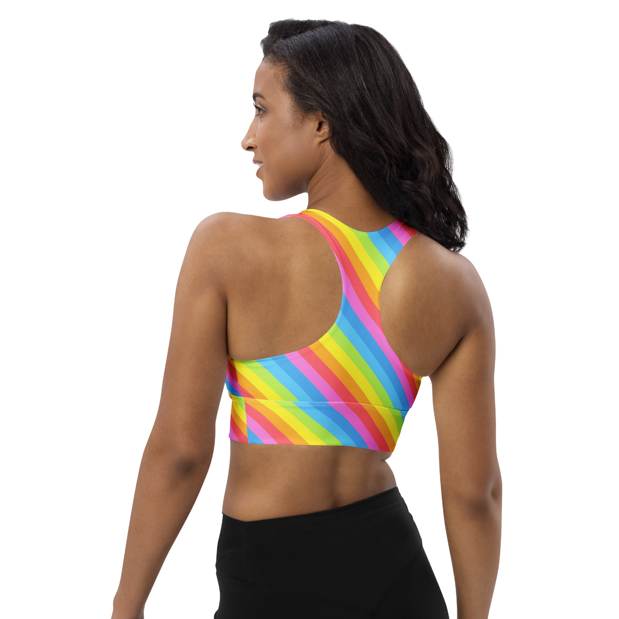 Women’s Rainbow Stripe Buttery Soft Recycled Longline Sports Bra – High Intensity Support, Removable Padding, Quick Dry & UPF 50+
