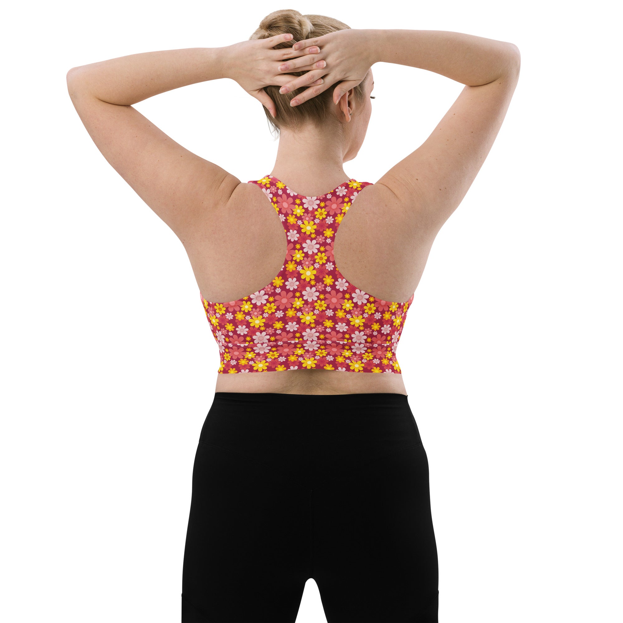 Women’s red floral buttery soft recycled longline sports bra with vibrant pink and yellow racerback crop top design