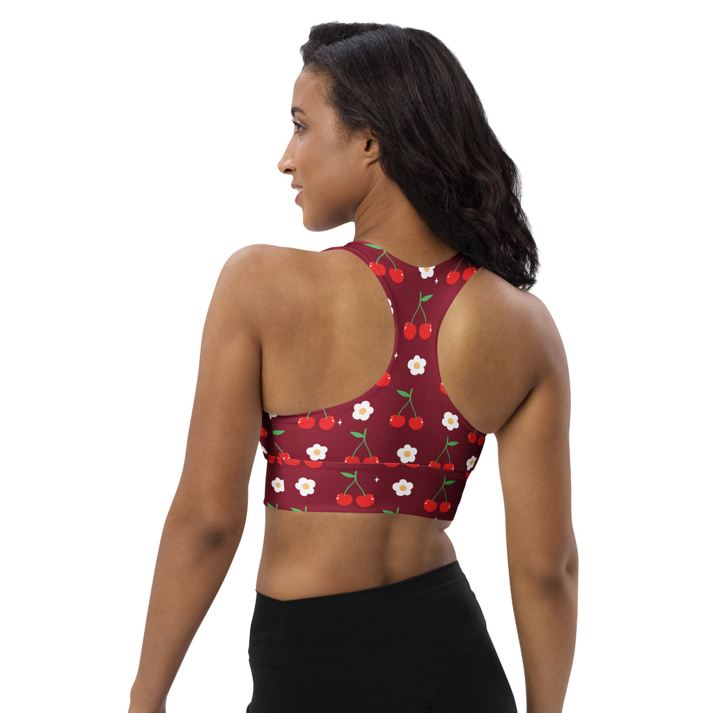 Women’s maroon cherry print longline sports bra with high intensity support, removable padding, quick dry, and upf 50+