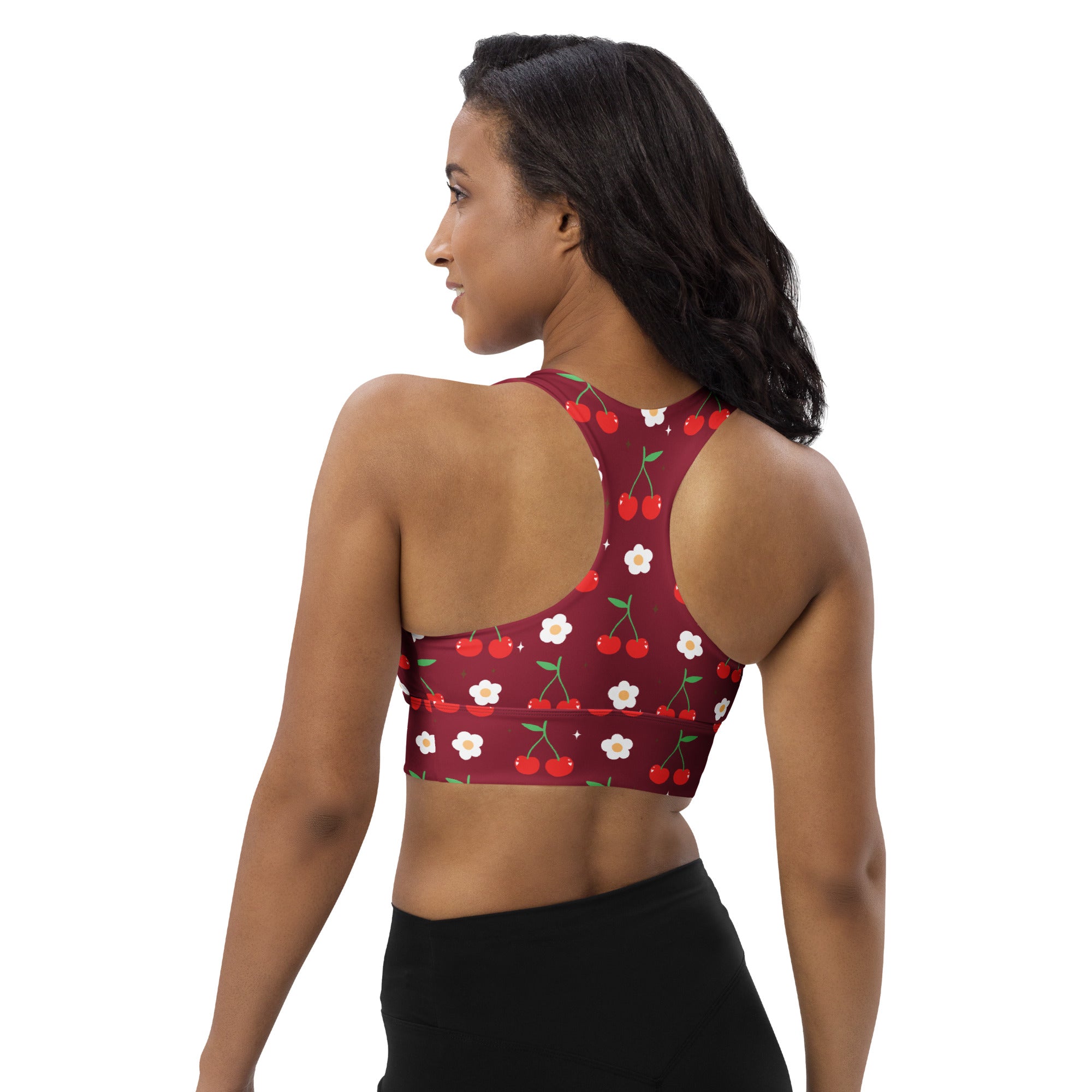 Women’s maroon cherry print longline sports bra with high intensity support, removable padding, quick dry, and upf 50+