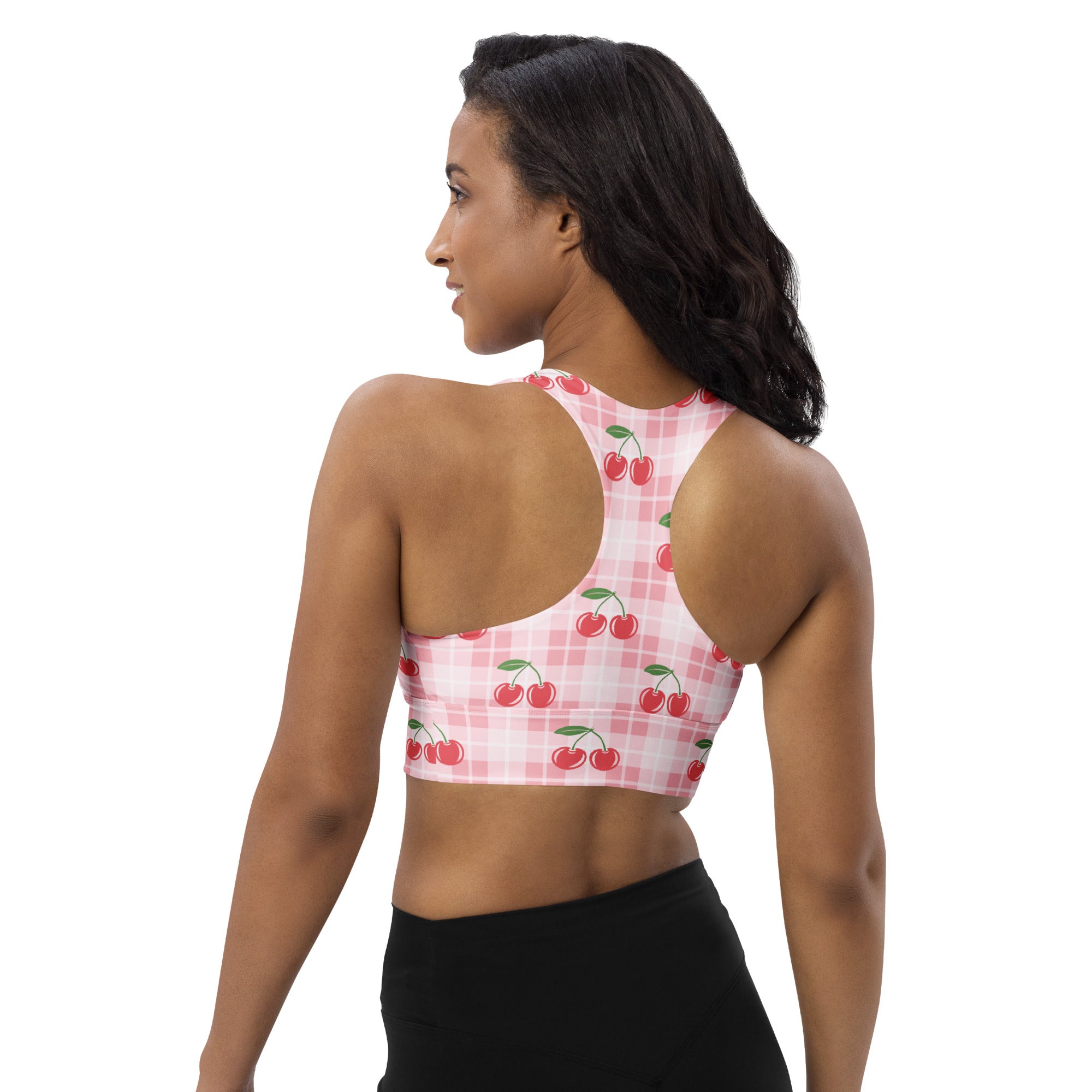 Women’s pink plaid cherry buttery soft recycled longline sports bra with high intensity support and quick dry fabric