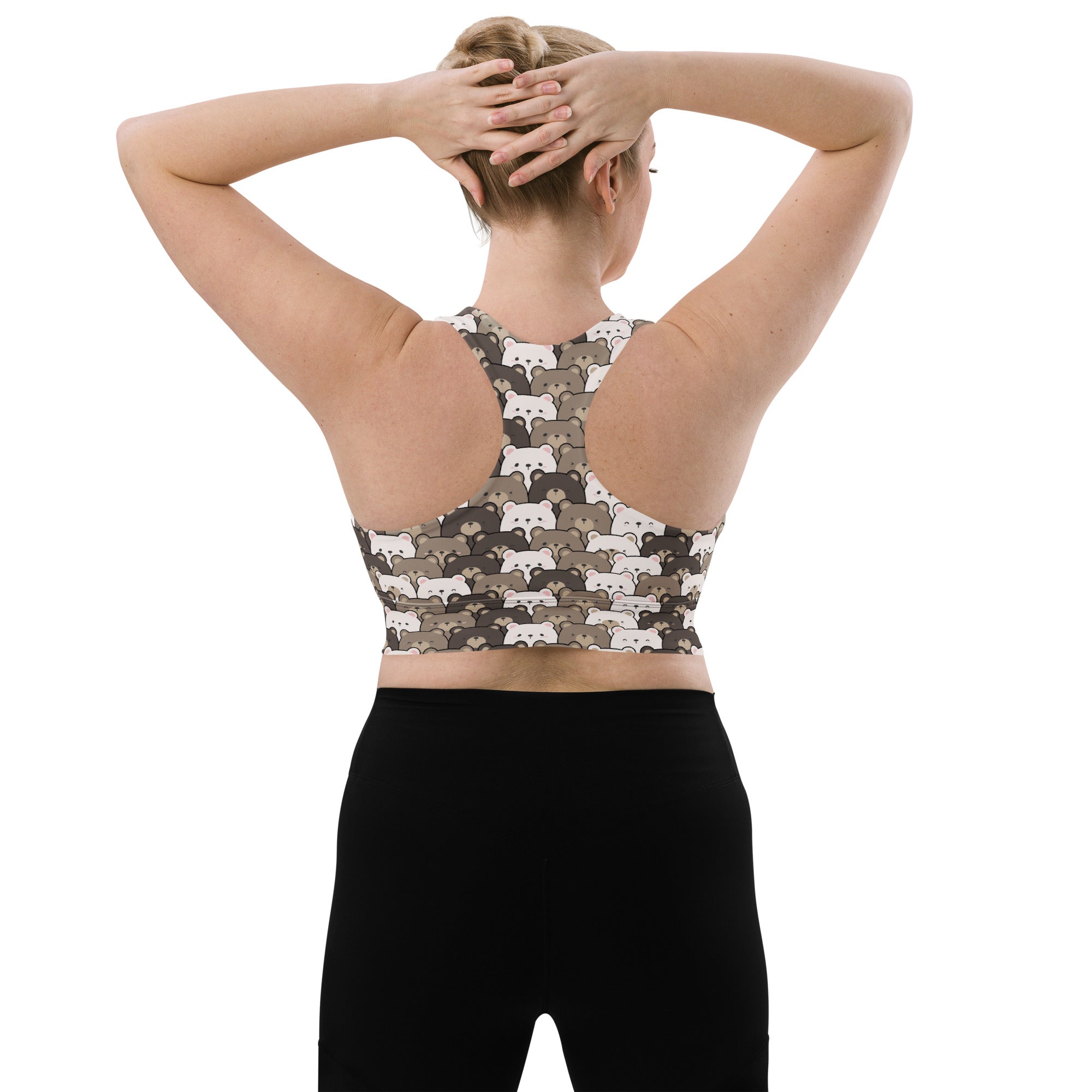 Women’s bear face buttery soft recycled longline sports bra with white and gray bear faces on beige racerback design