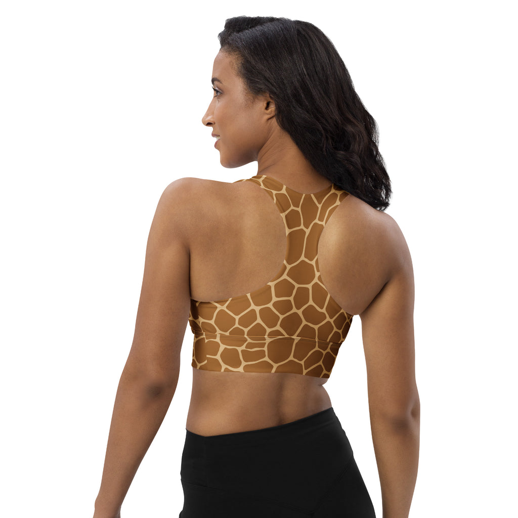 Women’s giraffe print buttery soft recycled longline sports bra with high neckline, adjustable straps, and geometric patterns