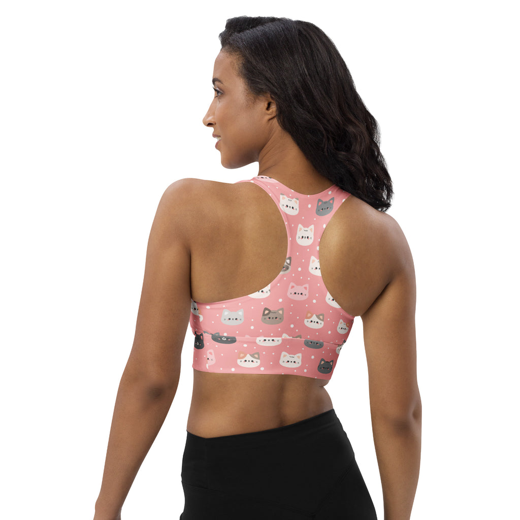 Women’s cute pink cat faces longline sports bra with high intensity support removable padding quick dry upf 50+