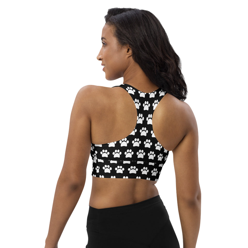 Women’s black paw print longline sports bra with buttery soft recycled fabric high intensity support and removable padding