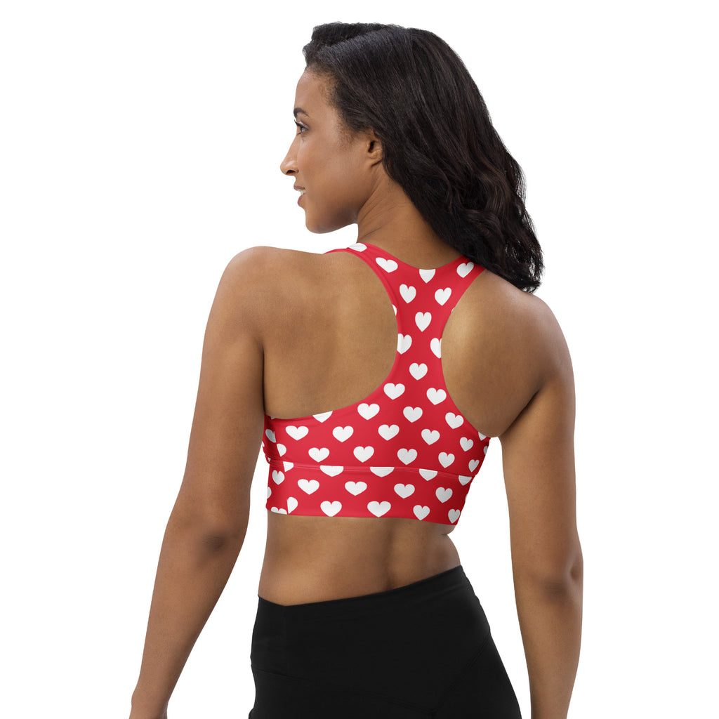Women’s valentine’s day red sports bra with white heart pattern buttery soft recycled fabric high intensity support