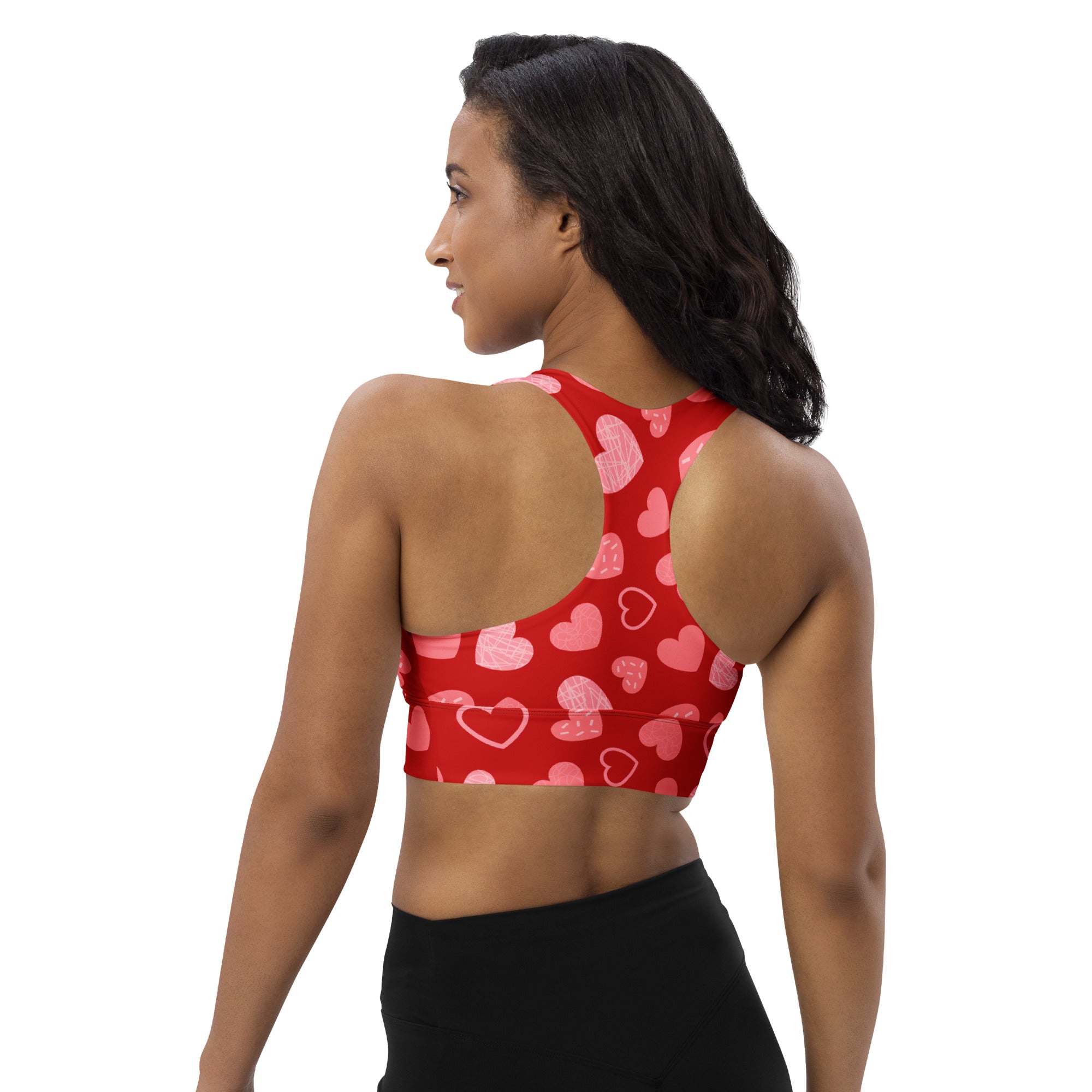 Women’s red heart pattern longline sports bra with buttery soft recycled fabric high intensity support and quick dry