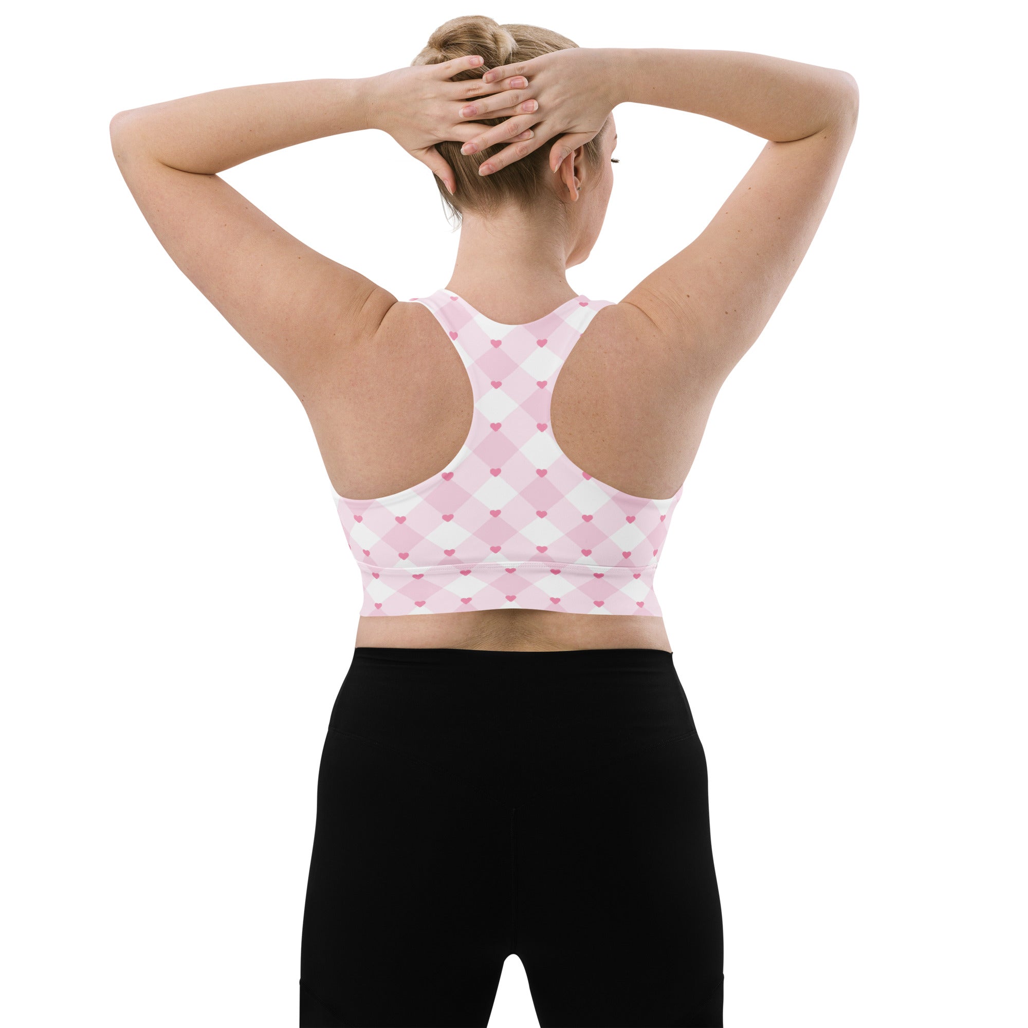 Women’s valentine’s day pink and white argyle sports bra with heart motifs buttery soft recycled fabric