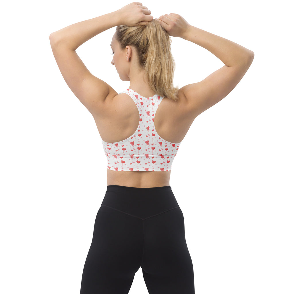 White sports bra with red heart pattern buttery soft recycled fabric high intensity support quick dry and UPF 50+