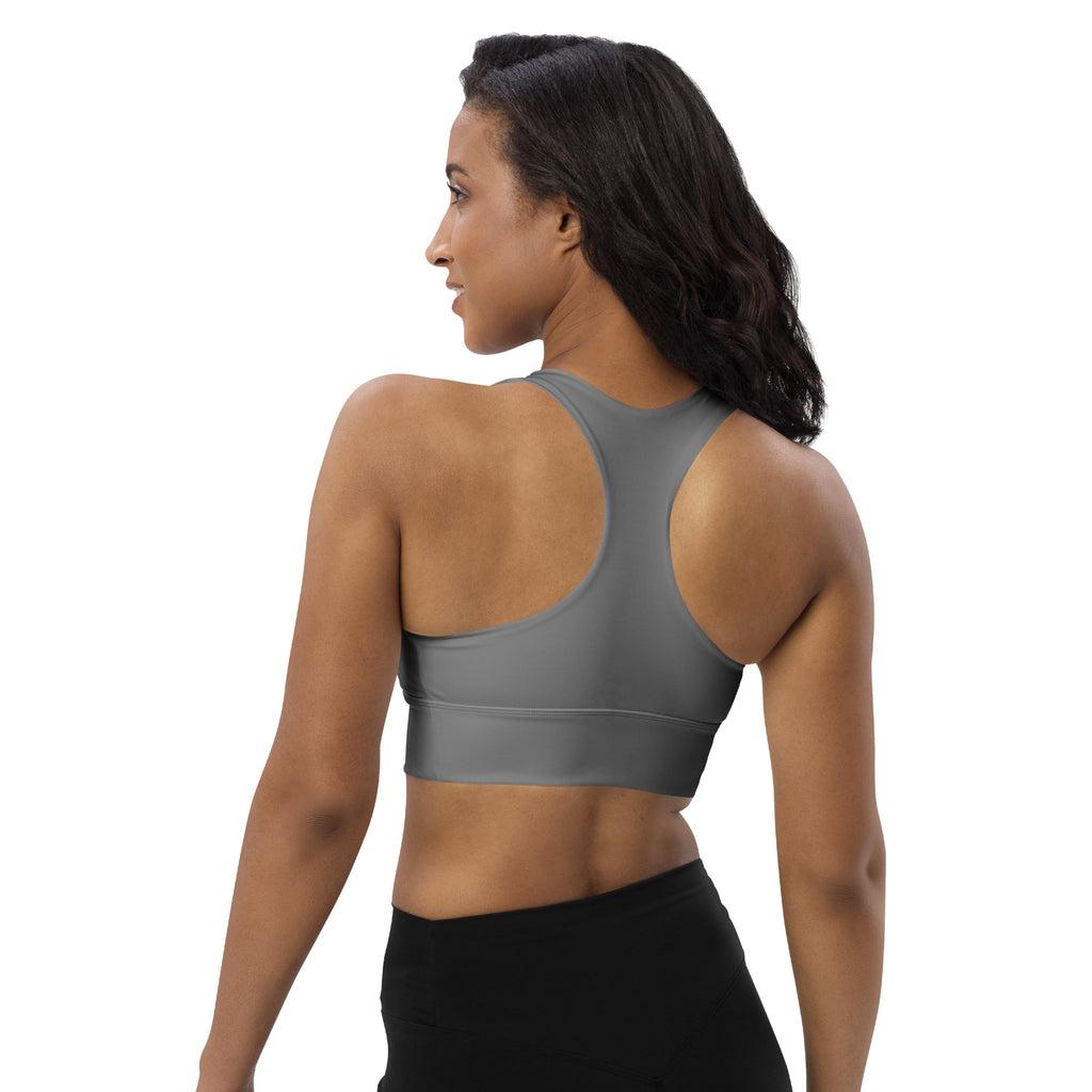 Gray racerback seamless recycled longline sports bra with supportive band for high intensity support and quick dry