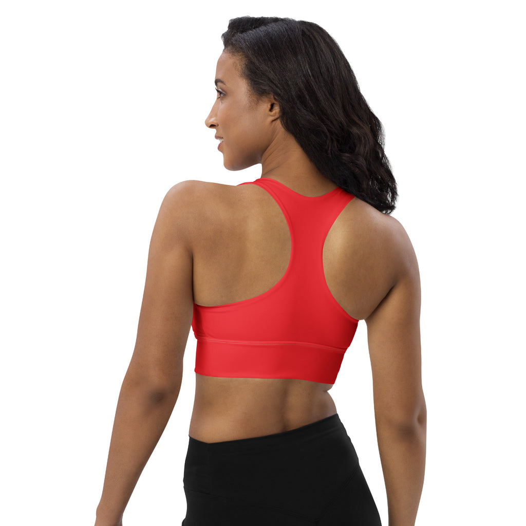 Women’s buttery soft red recycled longline sports bra with racerback seamless design for high intensity support