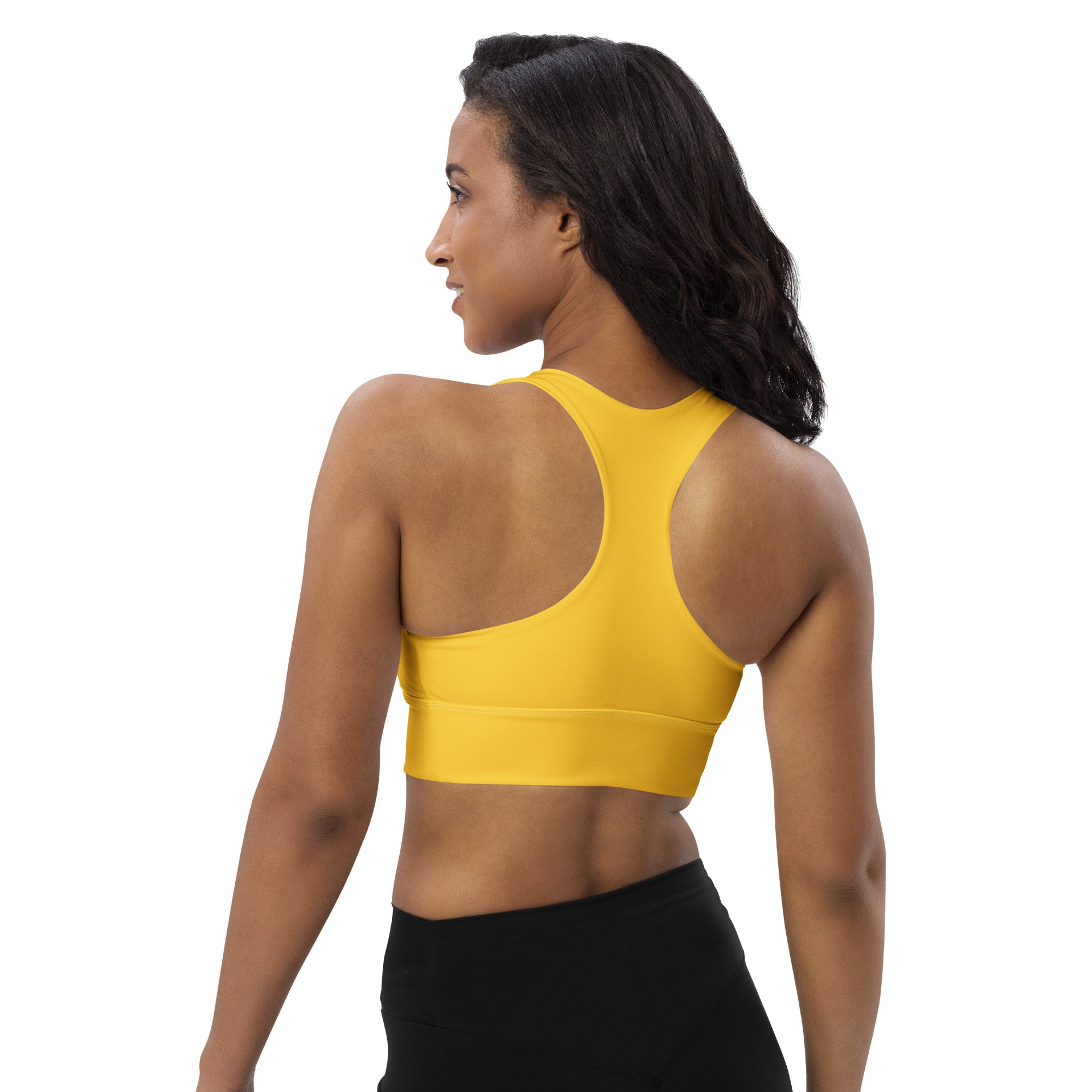 Women’s buttery soft yellow recycled longline sports bra with racerback design for high intensity support