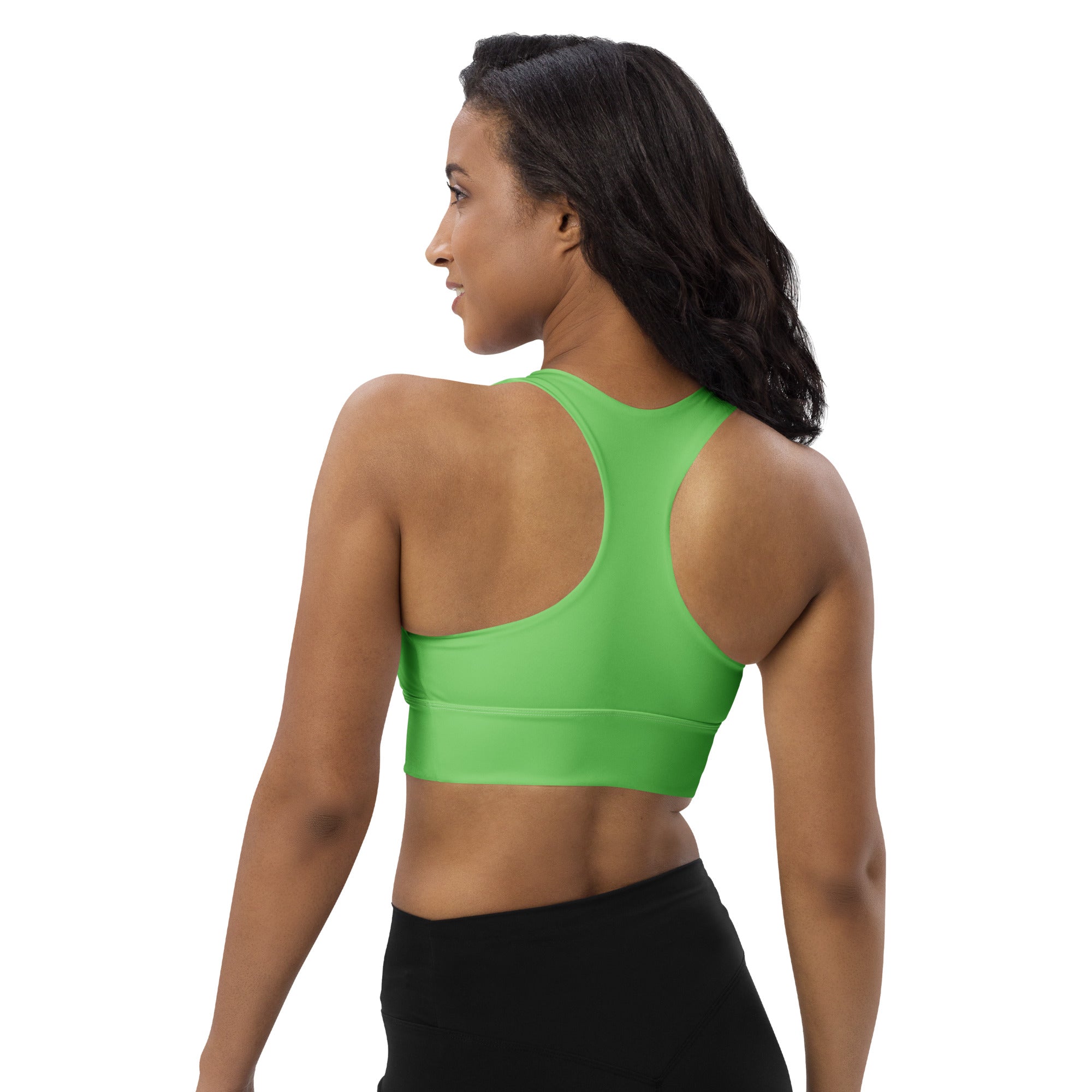 Bright green seamless women’s longline sports bra with racerback design made from recycled buttery soft fabric