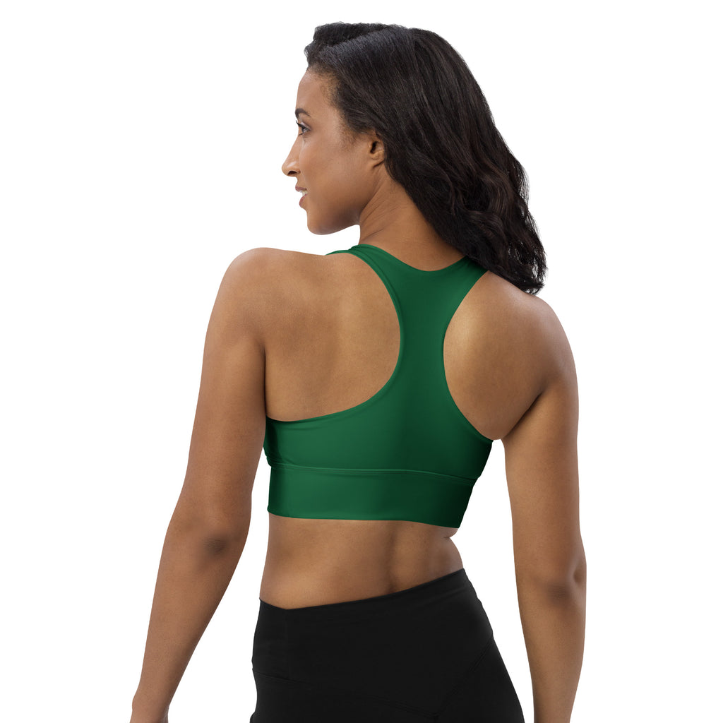 Women’s buttery soft dark green recycled longline sports bra with racerback design seamless construction and high intensity support
