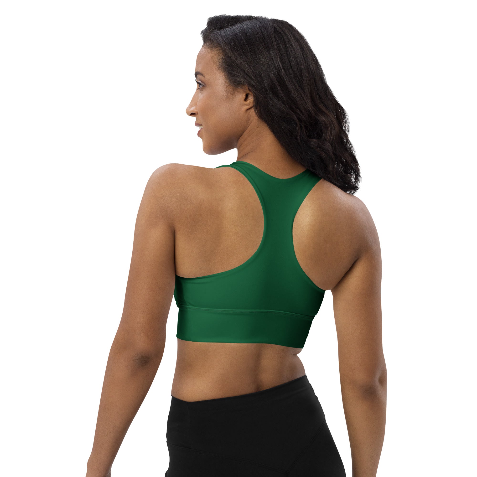 Women’s buttery soft dark green recycled longline sports bra with racerback design seamless construction and high intensity support