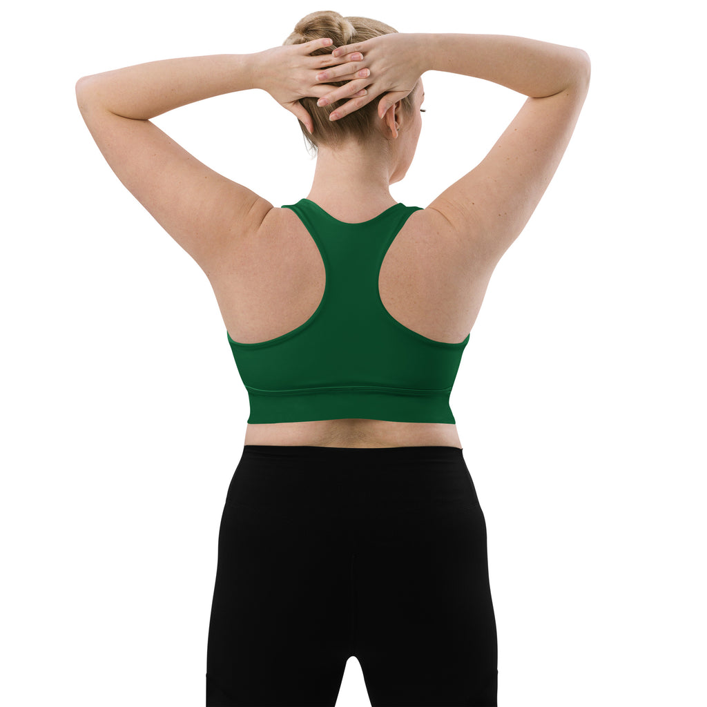 Women’s buttery soft dark green recycled longline sports bra with high intensity support and quick dry fabric showing back side