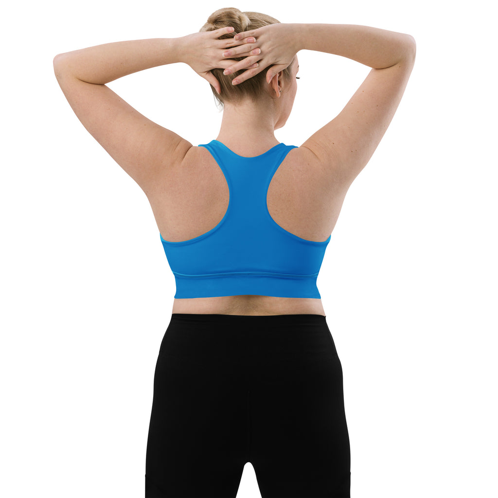 Blue recycled longline sports bra with racerback design for high intensity support and quick dry performance