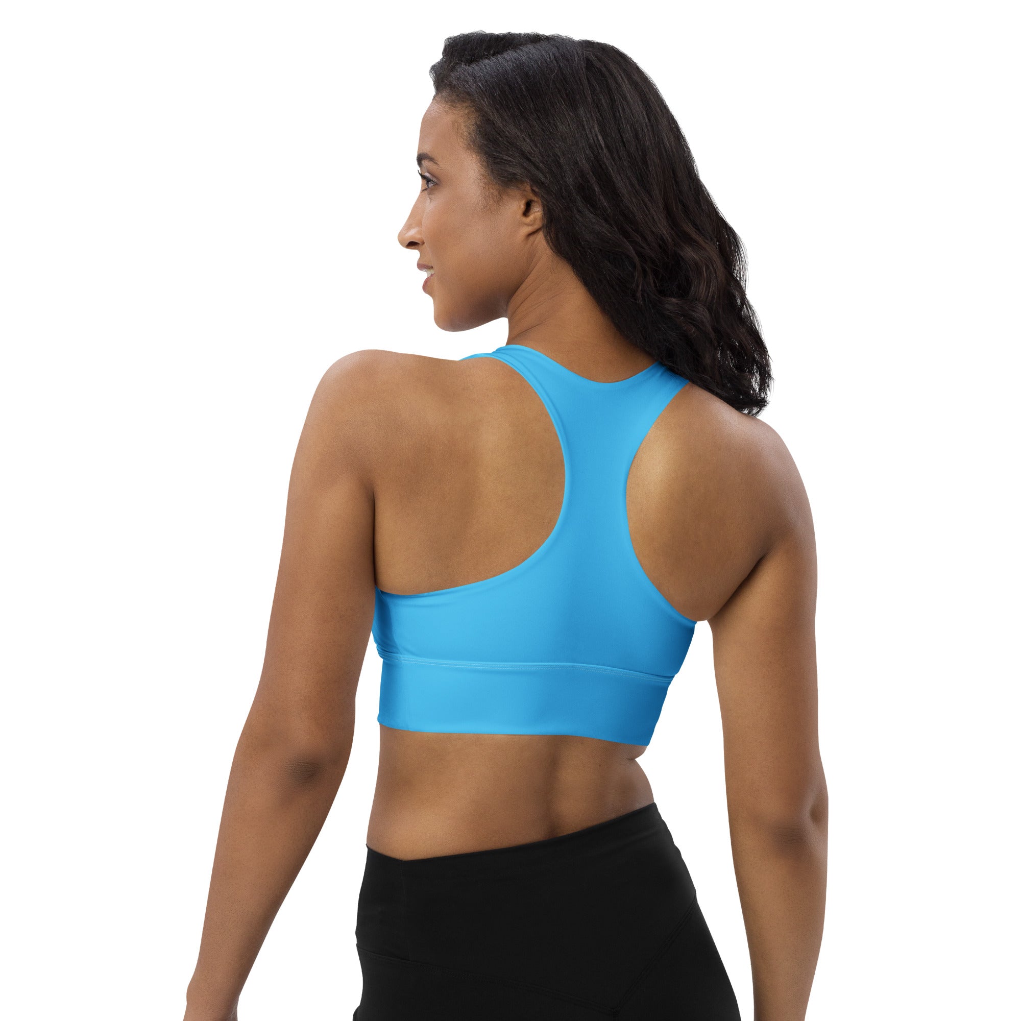 Bright blue seamless recycled longline sports bra with racerback design high intensity support and quick dry fabric