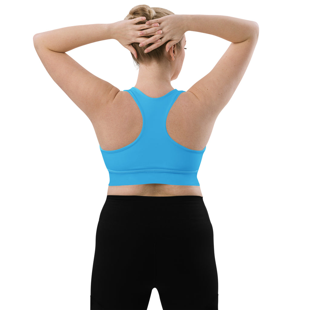 Bright blue seamless women’s sports bra with racerback design buttery soft recycled fabric high intensity support