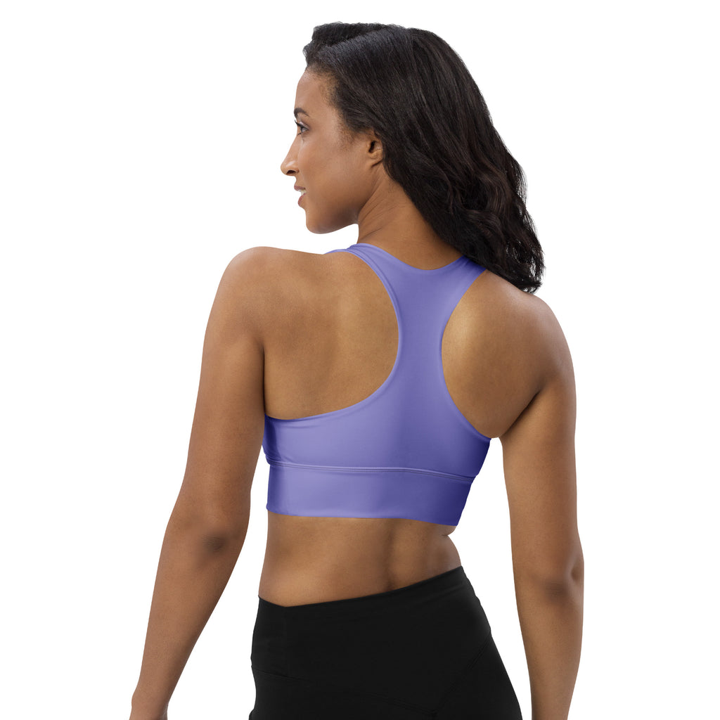 Women’s buttery soft sky purple recycled longline sports bra with racerback design seamless construction