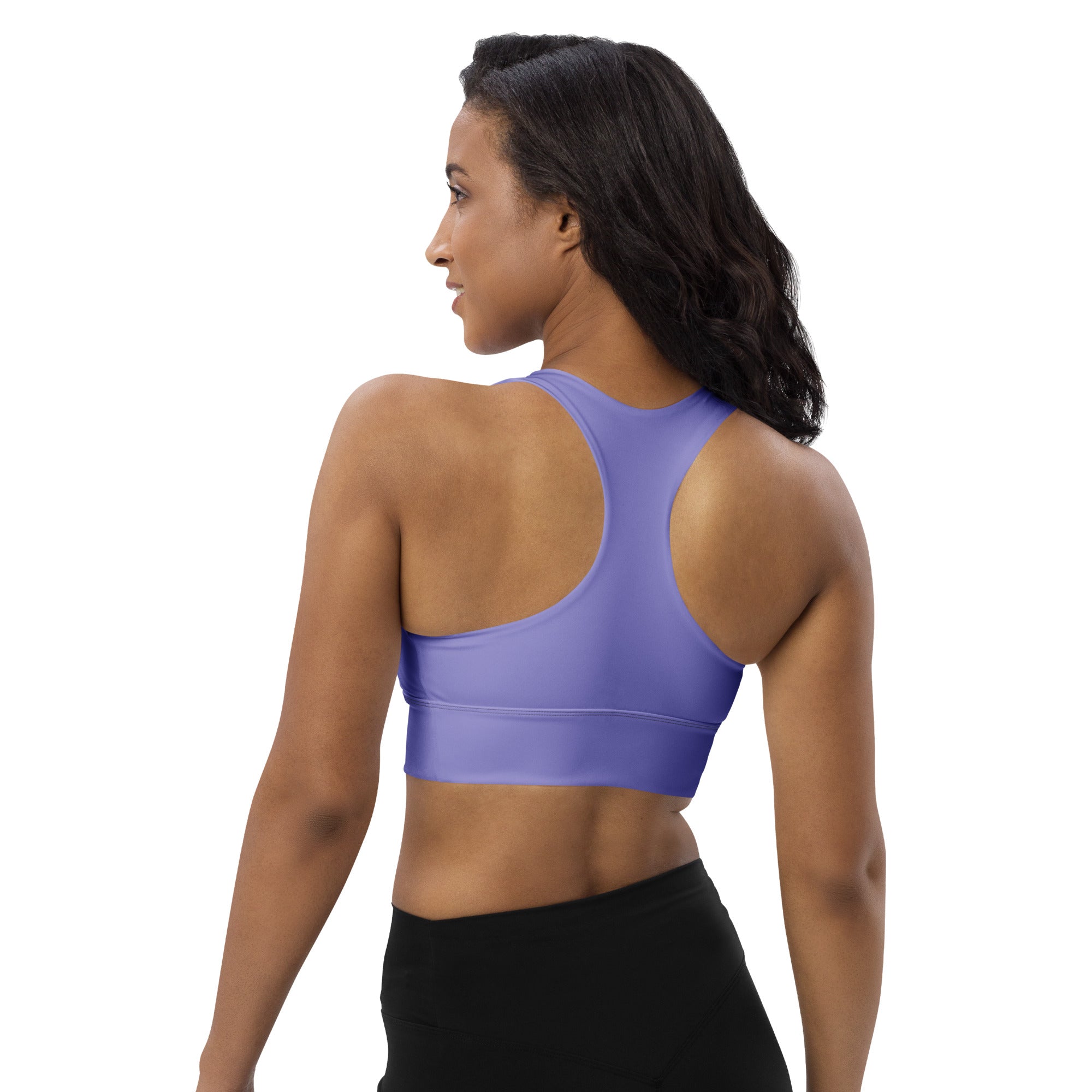 Women’s buttery soft sky purple recycled longline sports bra with racerback design seamless construction