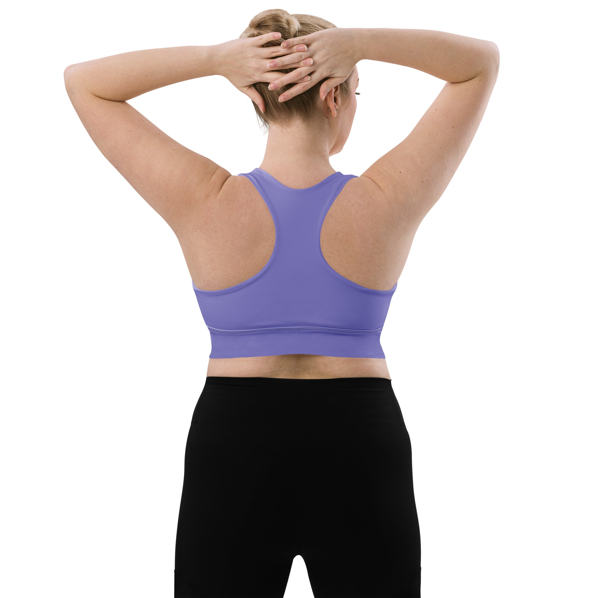 Women’s buttery soft sky purple recycled longline sports bra with seamless construction and high intensity support
