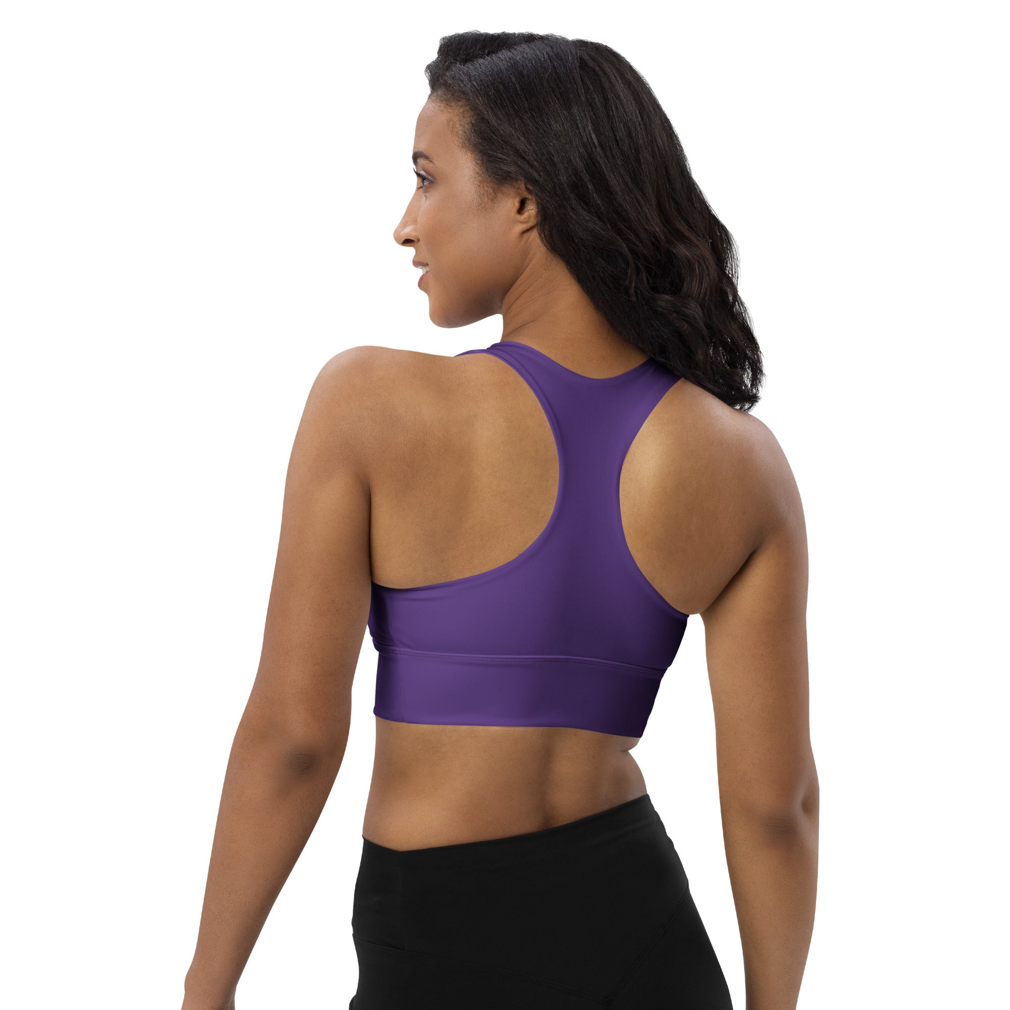 Purple seamless longline sports bra with racerback design made from recycled material for high intensity support