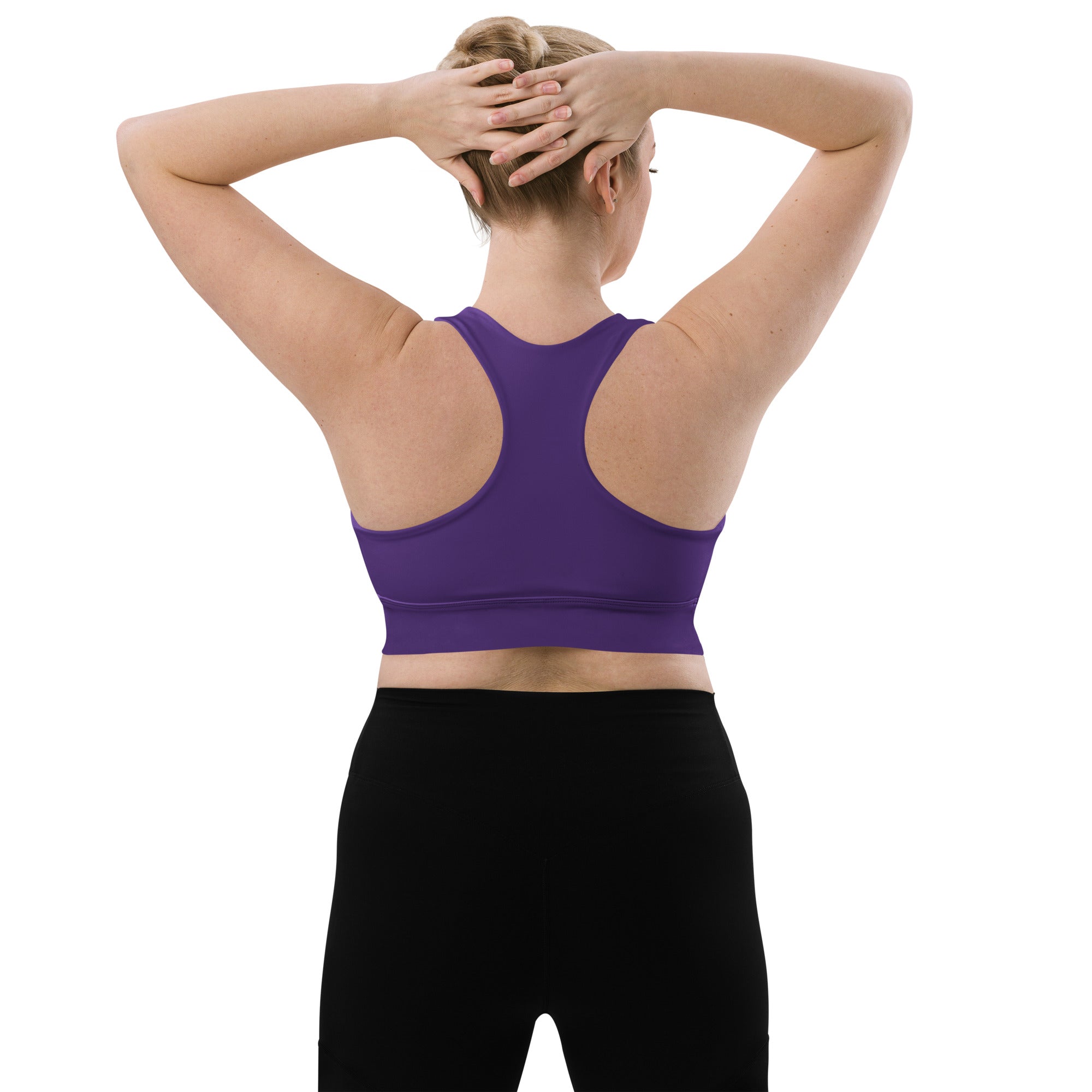 Women’s buttery soft sky dark purple racerback sports bra with seamless stretchy fabric for high intensity support