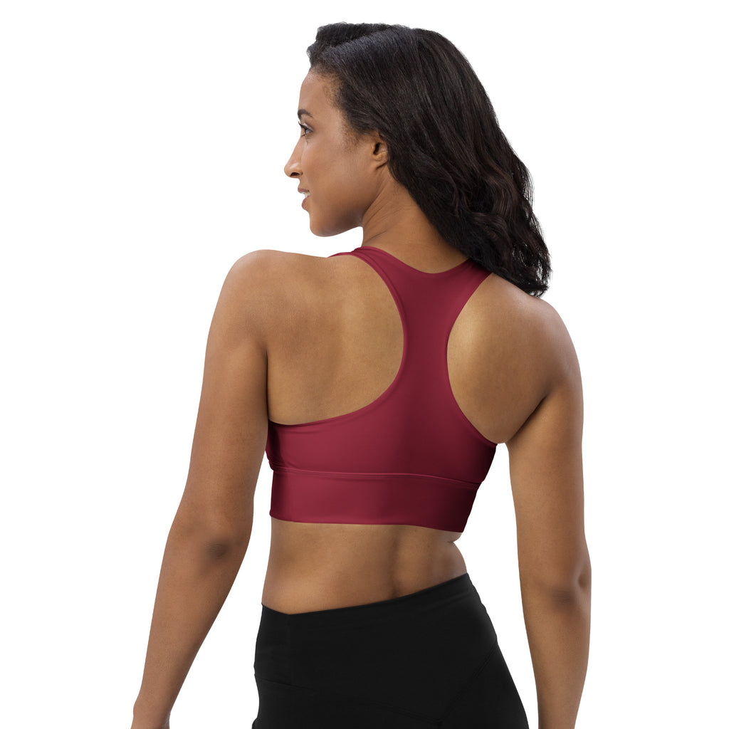Maroon seamless longline sports bra with racerback design made from recycled fabric for high intensity support