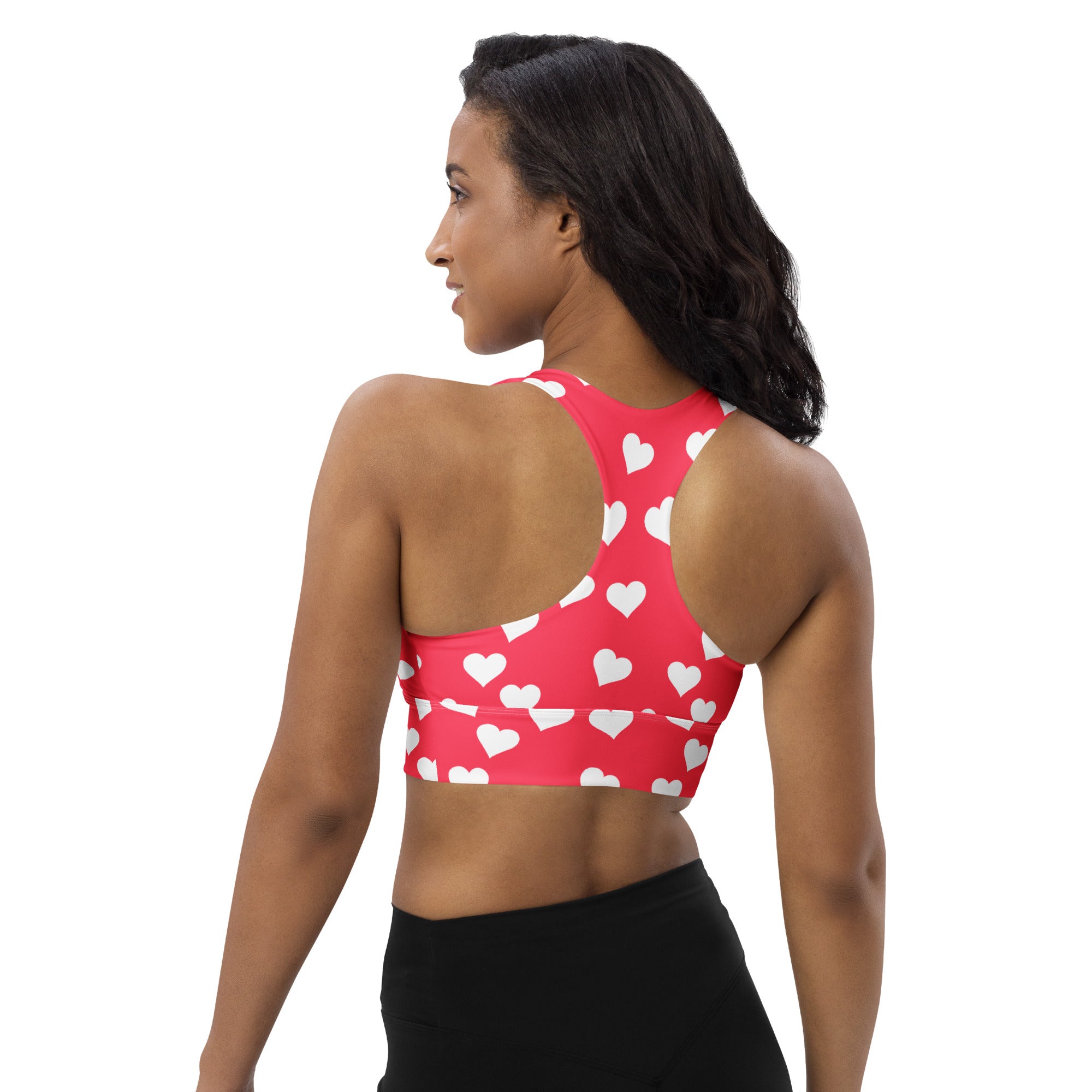 Women’s red heart valentine buttery soft recycled longline sports bra with white heart pattern for high intensity support