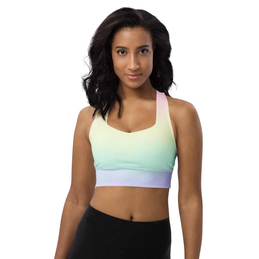 Women’s Pastel Rainbow Buttery Soft Recycled Longline Sports Bra – High Intensity Support, Removable Padding, Quick Dry & UPF 50+