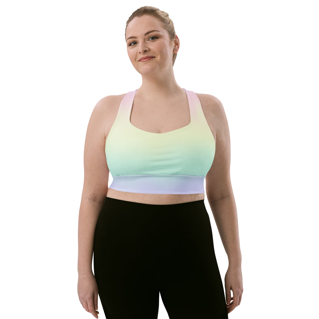 Women’s Pastel Rainbow Buttery Soft Recycled Longline Sports Bra – High Intensity Support, Removable Padding, Quick Dry & UPF 50+