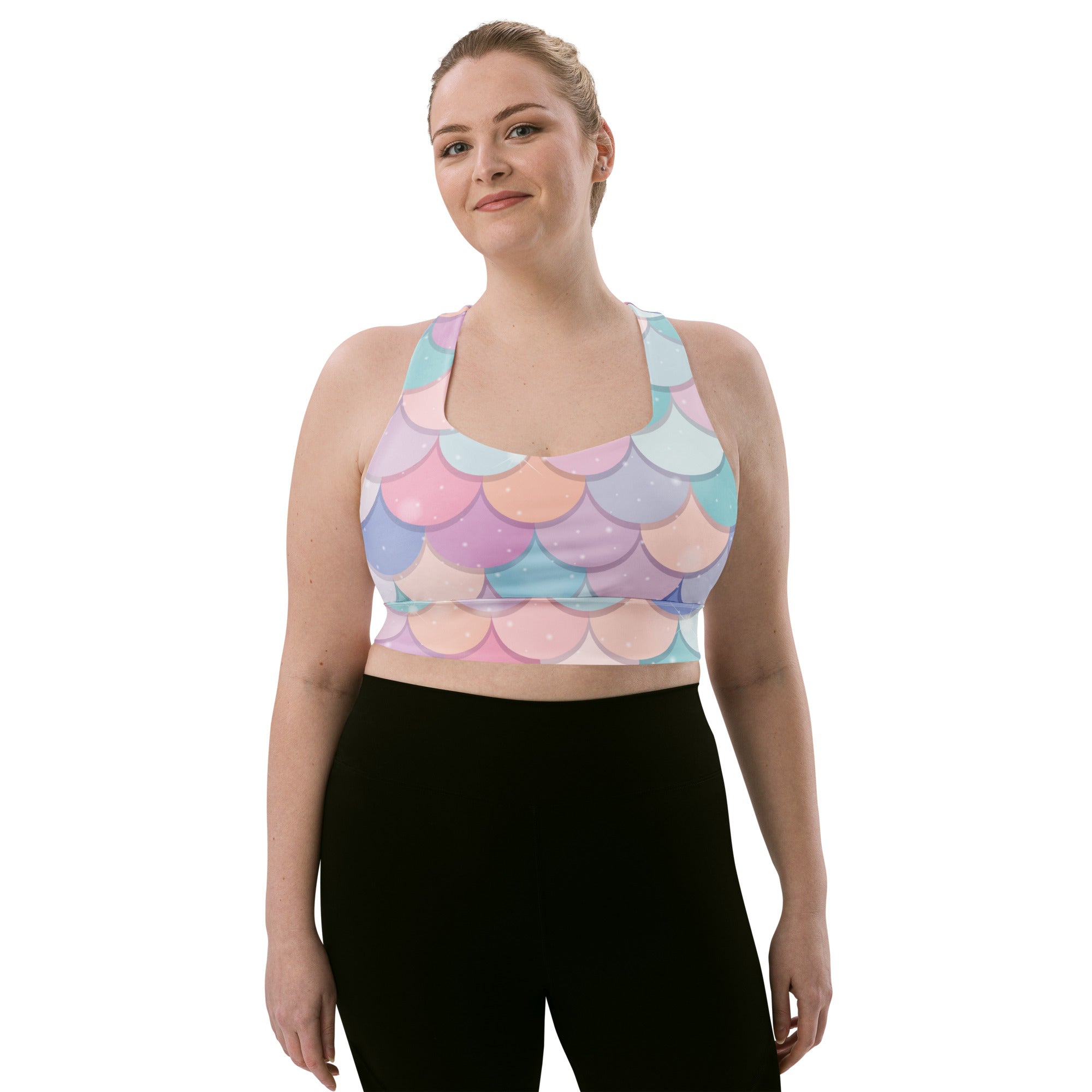 Pastel mermaid-scale patterned womens rainbow mermaid buttery soft recycled longline sports bra with high intensity support