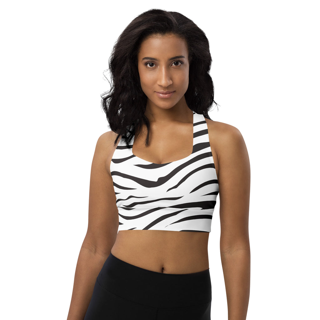 Women’s zebra print buttery soft recycled longline sports bra in black and white with halter neckline and high support