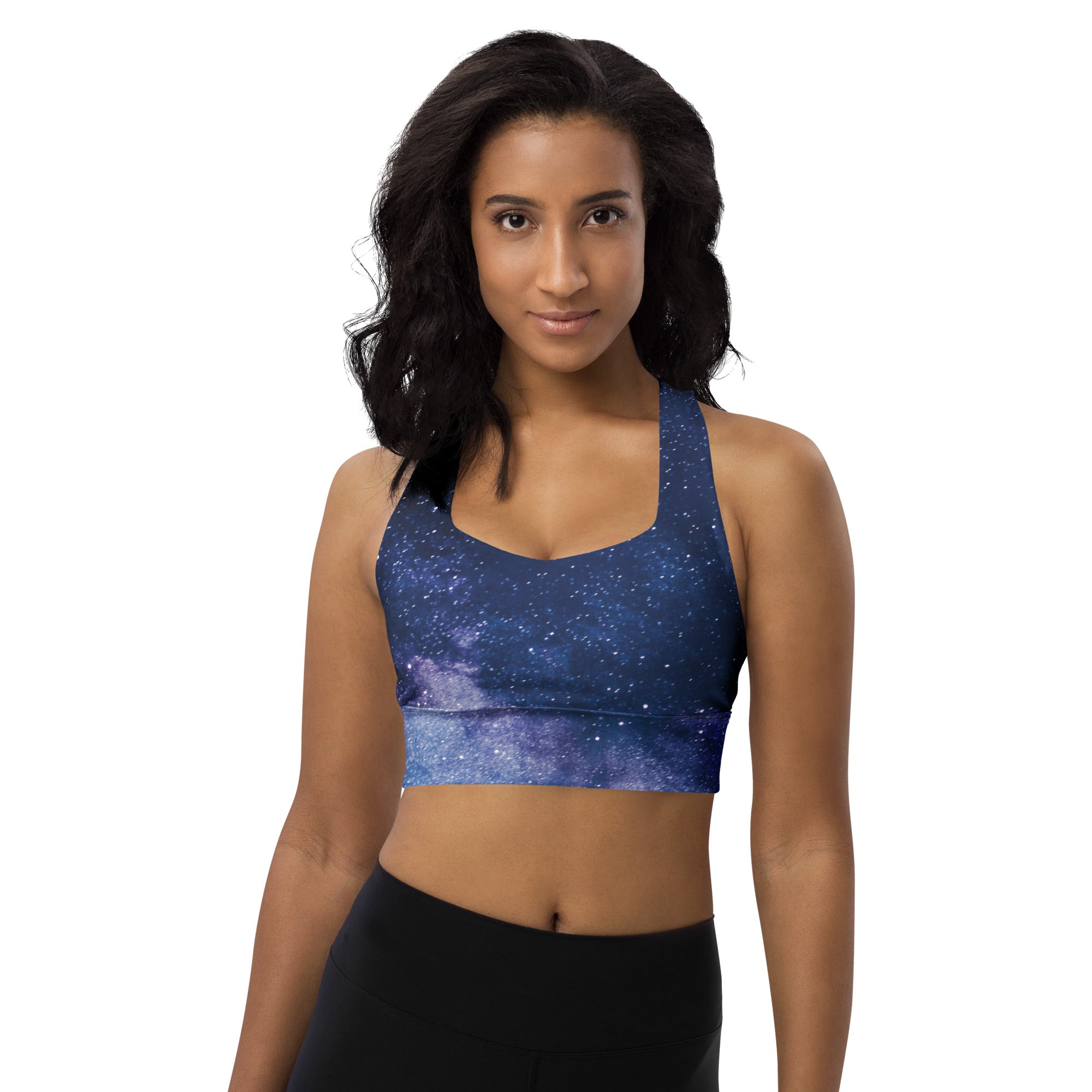 Blue galaxy-print womens longline sports bra with halter neckline buttery soft recycled fabric and high intensity support