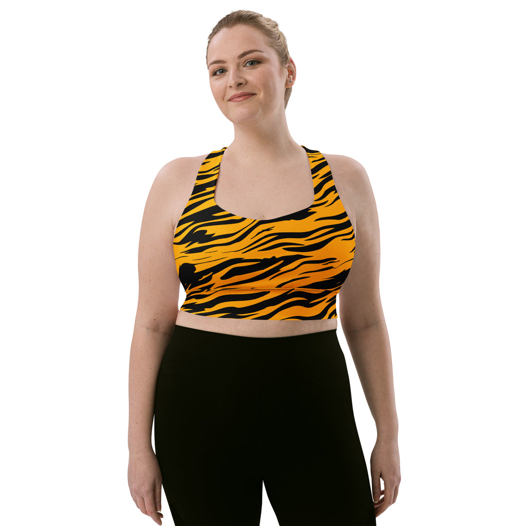 Women’s vibrant orange and black tiger stripe recycled longline sports bra with racerback design for high intensity support