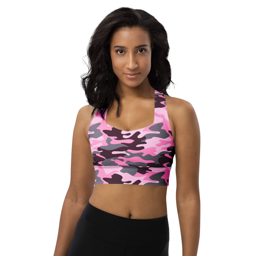 Women’s pink and gray camouflage recycled longline sports bra with high intensity support and quick dry fabric
