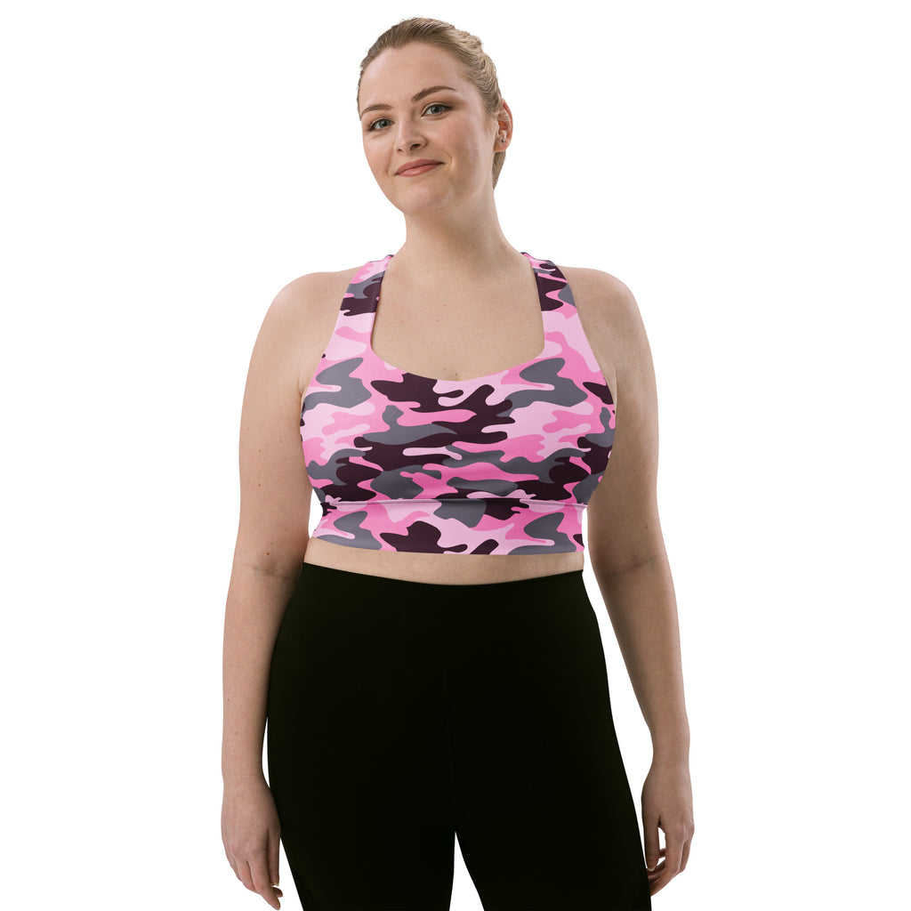 Women’s pink and gray camouflage buttery soft recycled longline sports bra with high intensity support and removable padding