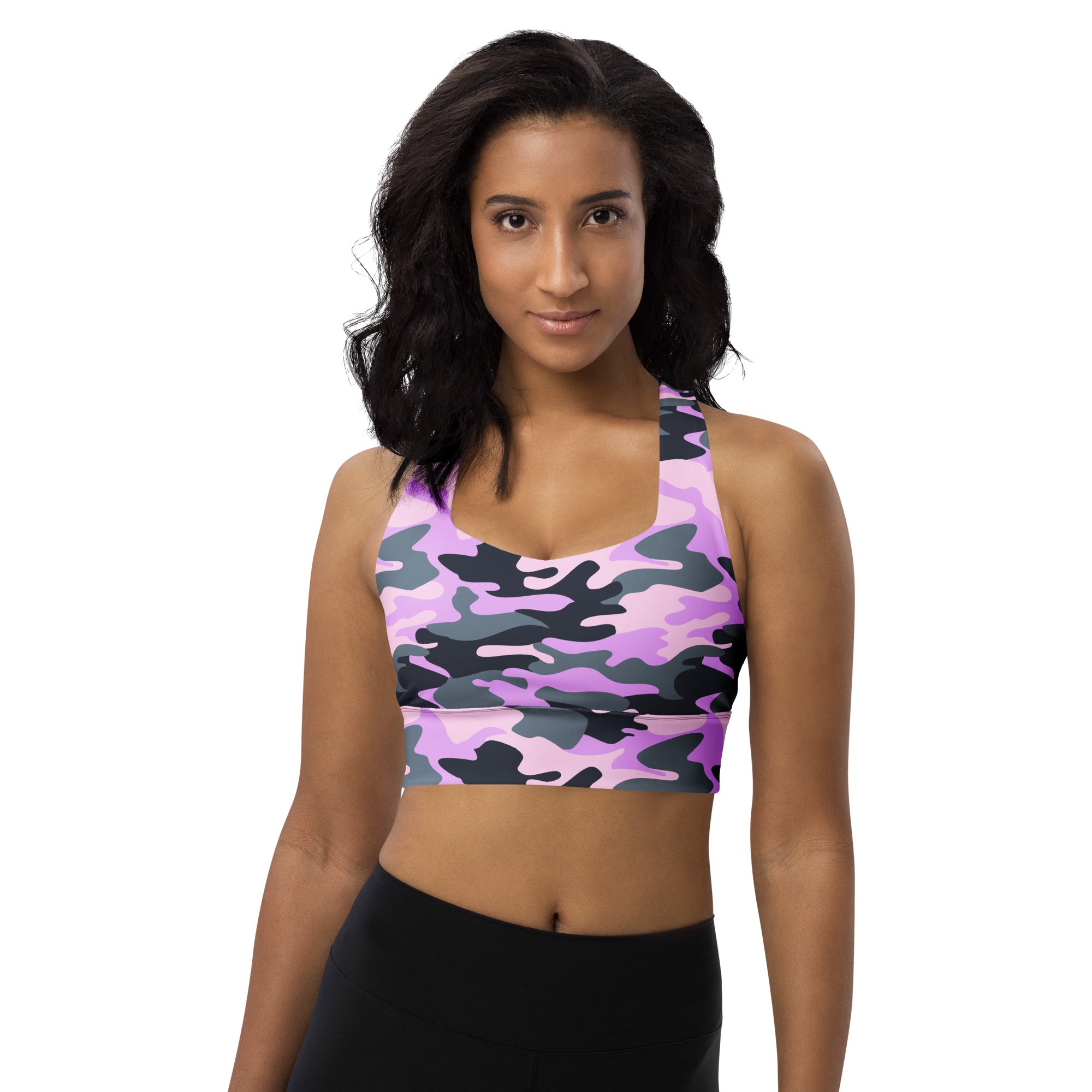 Women’s purple camouflage buttery soft recycled longline sports bra with halter neckline for high intensity support