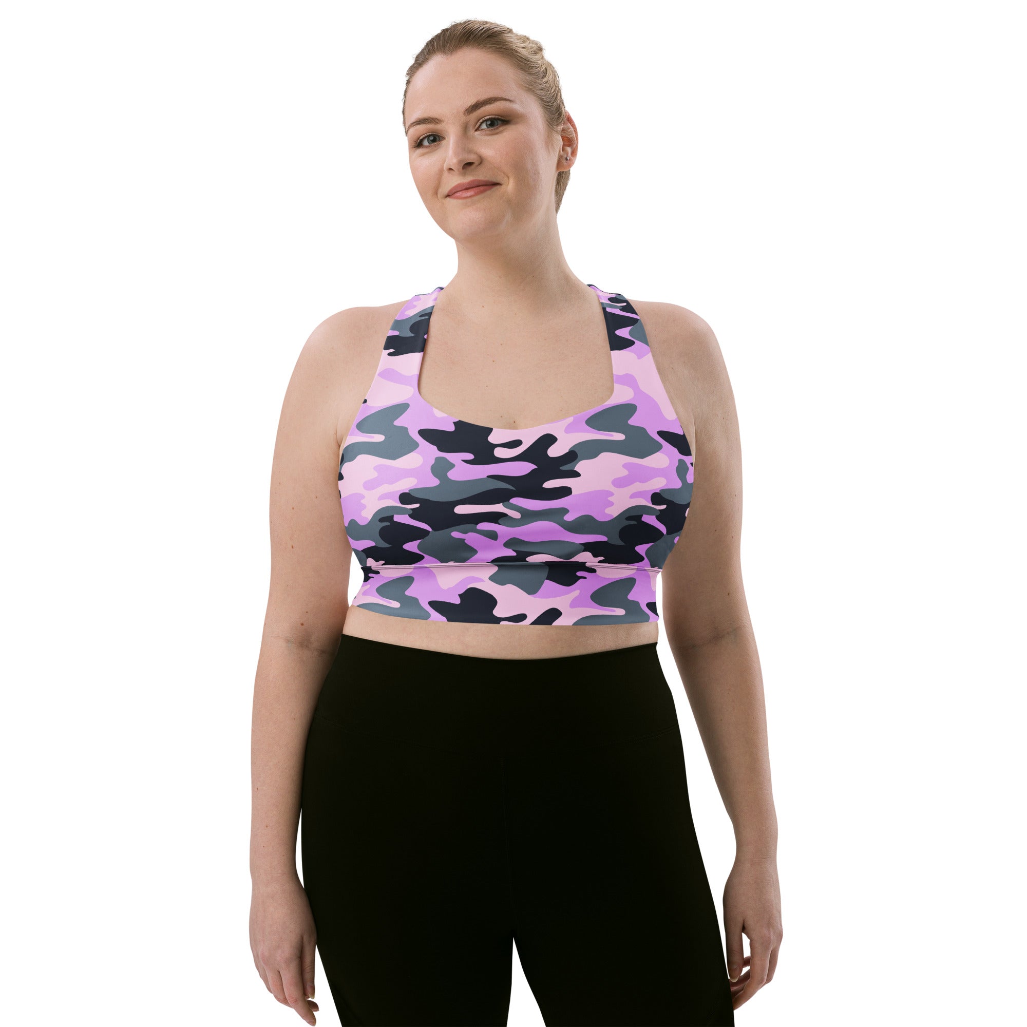 Plus-size longline sports bra in vibrant lavender and dark gray recycled fabric with supportive wide straps for high intensity