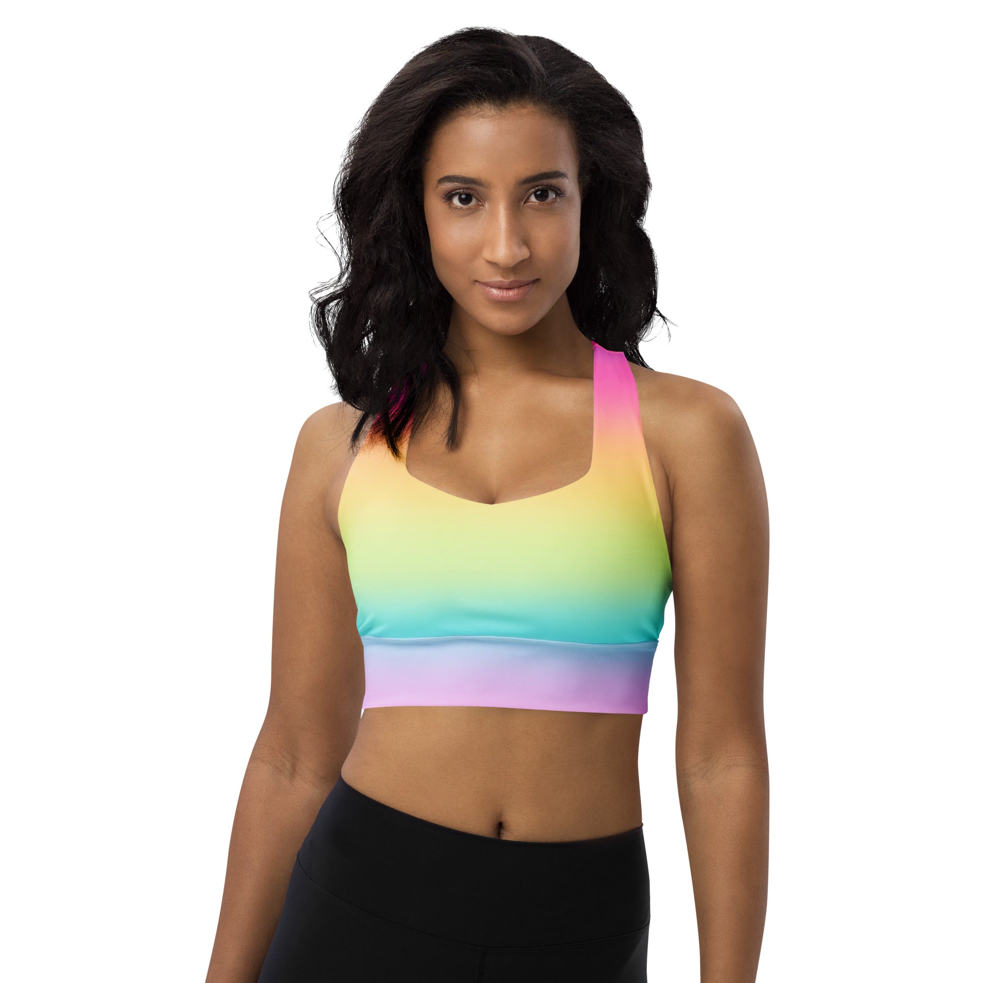 Women’s bright rainbow sports bra with buttery soft recycled fabric halter neck high intensity support and upf 50+