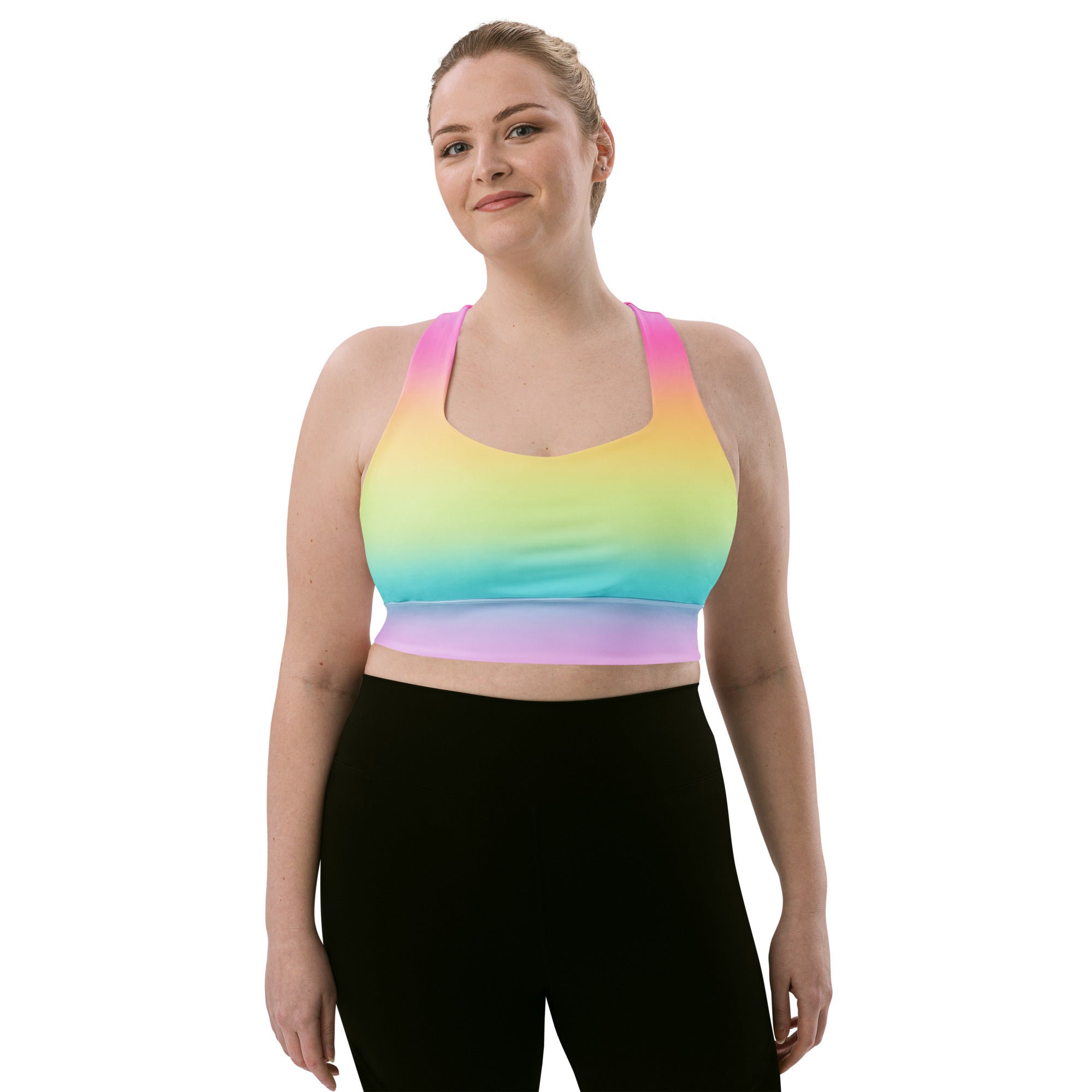 Women’s bright rainbow gradient sports bra with buttery soft recycled fabric and racerback for high intensity support