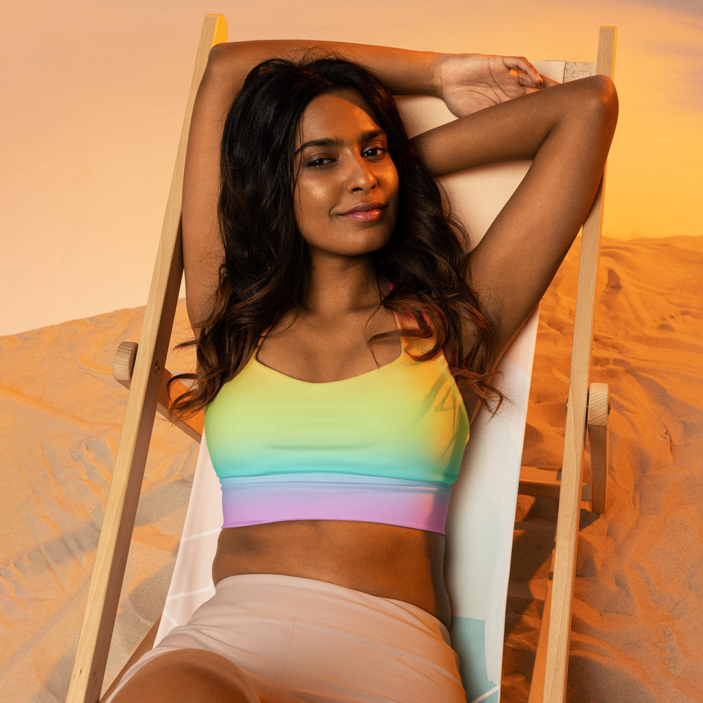 Women’s rainbow gradient longline sports bra with buttery soft recycled fabric high intensity support and quick dry
