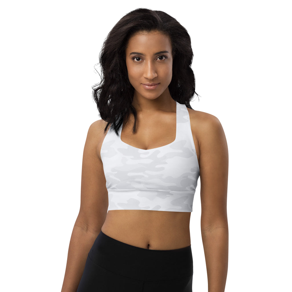 Women’s white camouflage buttery soft recycled sports bra with halter neckline elasticated band and high support