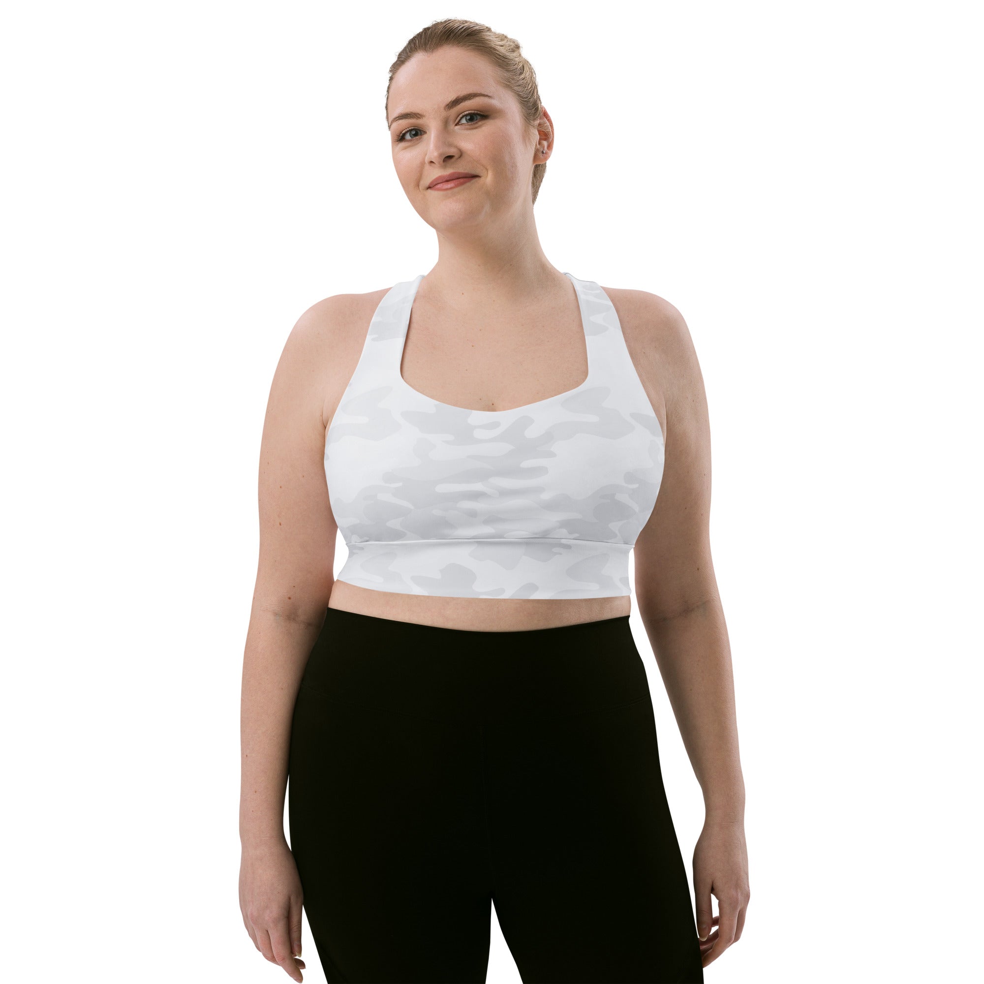 Women’s white camouflage buttery soft recycled longline sports bra with racerback straps for high intensity support