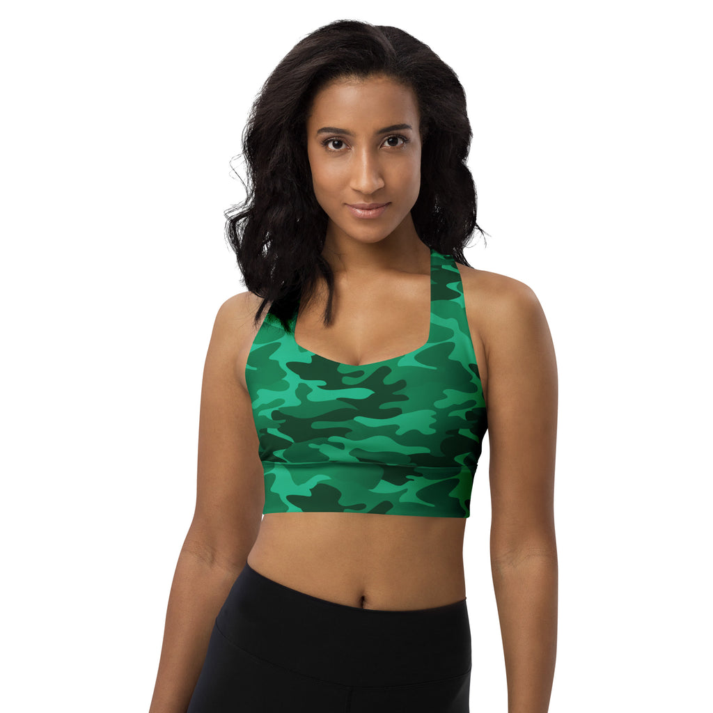 Women’s green camouflage longline sports bra made from buttery soft recycled fabric with high intensity support