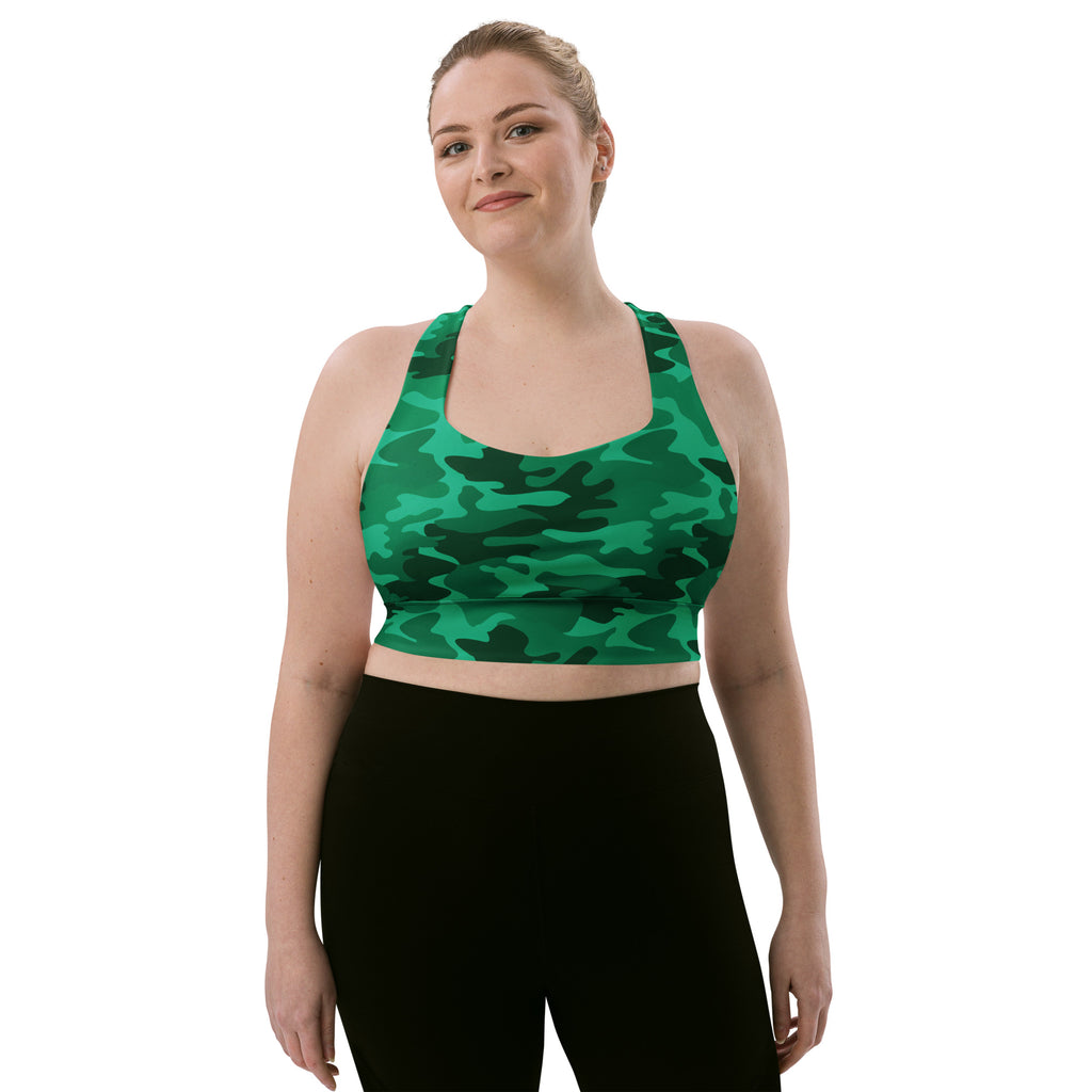 Women’s green camouflage buttery soft recycled longline sports bra with high intensity support and removable padding